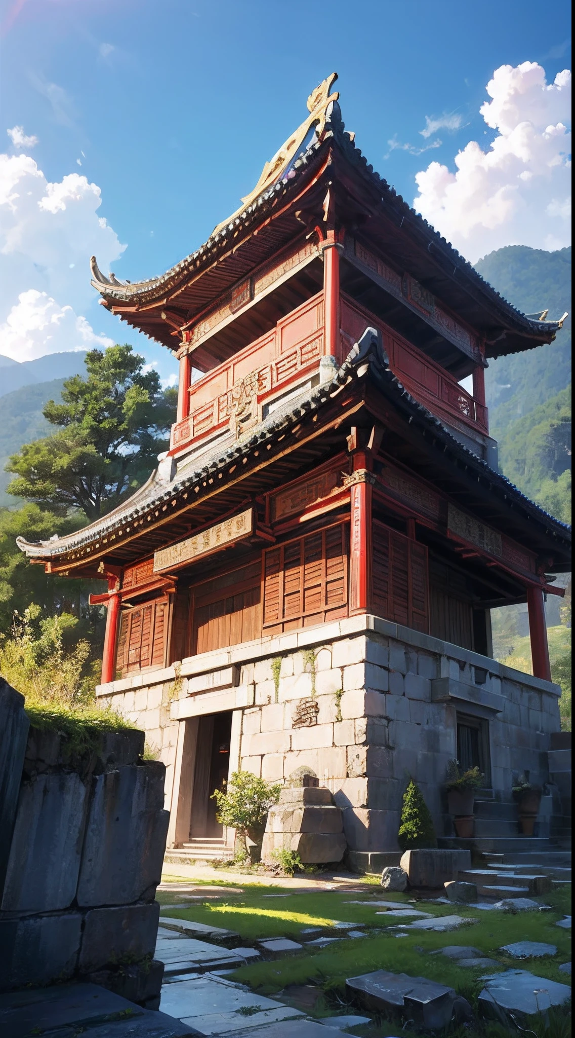 An ancient building standing at the foot of the mountain, with a history of over 700 years. It is a magnificent Taoist temple surrounded by thick stone walls. The walls are inscribed with complex runes and spells, suppressing countless fierce demons. At night, the mysterious aura emanating from the temple reflects the surrounding mountains and rivers