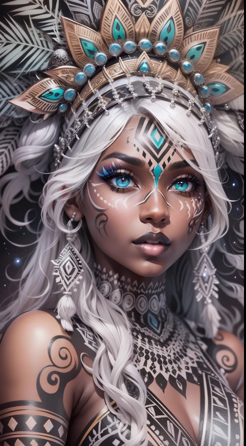 colouring book page, black and white, 32k, full body view, very beautiful tribal brown skin girl with excessive intricately detailed vivdly colorful facepaint bodypaint makeup, stunning radiant eyes, gorgeous white hair with highlights, magical night sky background