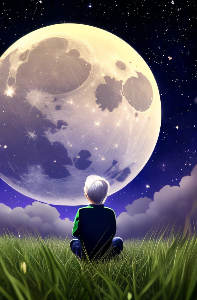 Boy with goosebump white hair sitting in the grass looking at the moon to his right in a starry sky