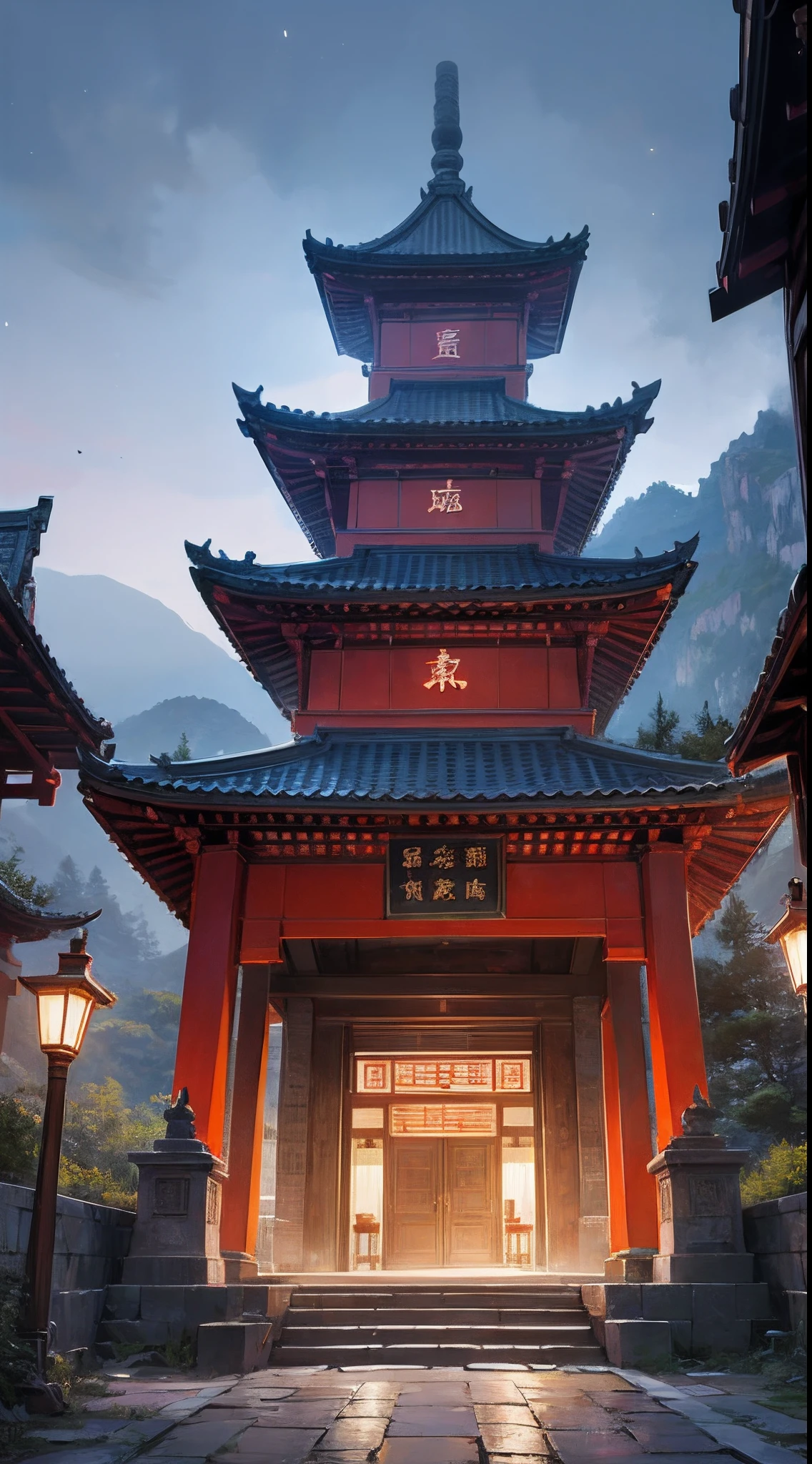 An ancient building standing at the foot of the mountain, with a history of over 700 years. It is a magnificent Taoist temple surrounded by thick stone walls. The walls are inscribed with complex runes and spells, suppressing countless fierce demons. At night, the mysterious aura emanating from the temple reflects the surrounding mountains and rivers,in the style of the stars art group xing xing, 32k, best quality, masterpiece, super detail, high details