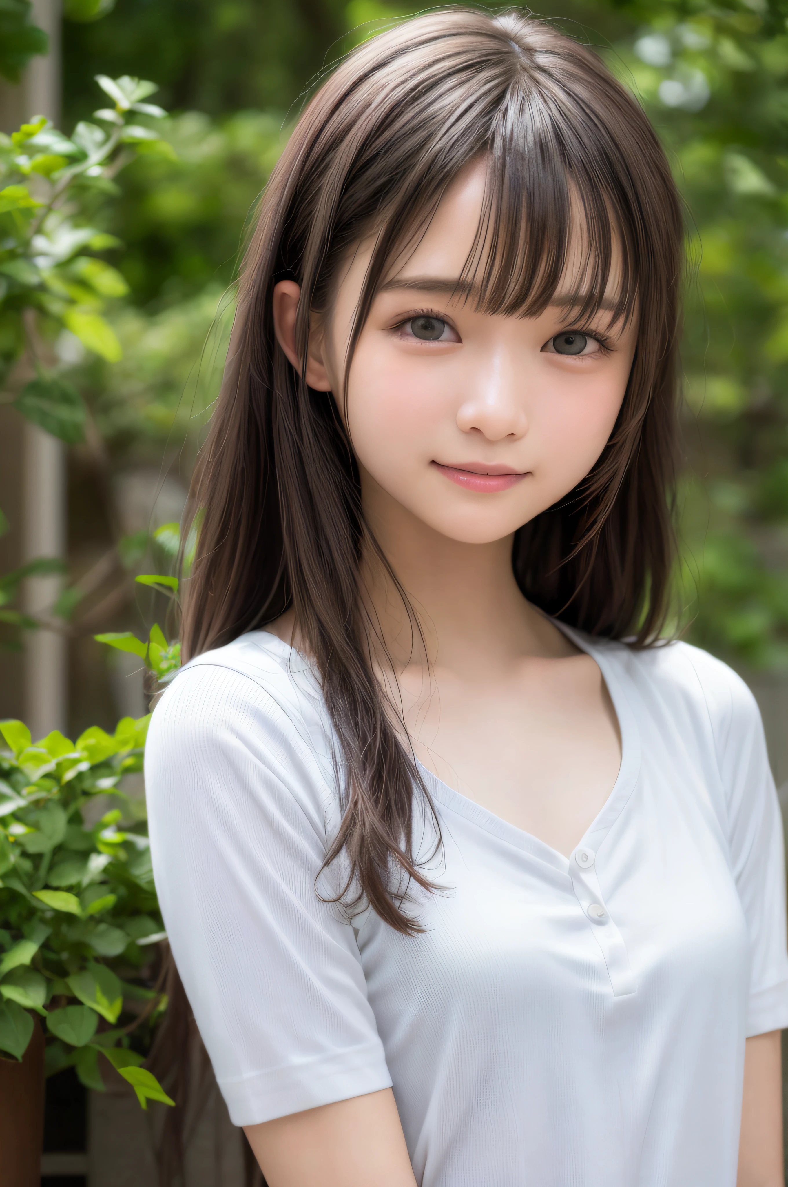 (top-quality、​masterpiece)、White background、blurry backround、1girl、a beauty girl、small tits、Shyness、red blush、超A high resolution、Beautie、cute little、独奏、A Japanese Lady。15yo student、hi-school girl、a smile。Beautiful young woman model。bright expression、photorealisim、Extraordinary beautiful girl、beautiful countenance、(pureerosface)、Glowing white shiny skin、Light brown straight hair、finer hair、Attractive beautiful brown eyes、Double eyelids、small tits、fashionGirl。Wears a white shirt。Close-up portrait。Healthy face。Skin Care Cosmetics、profetional lighting, depth of fields、model shoot tyle,