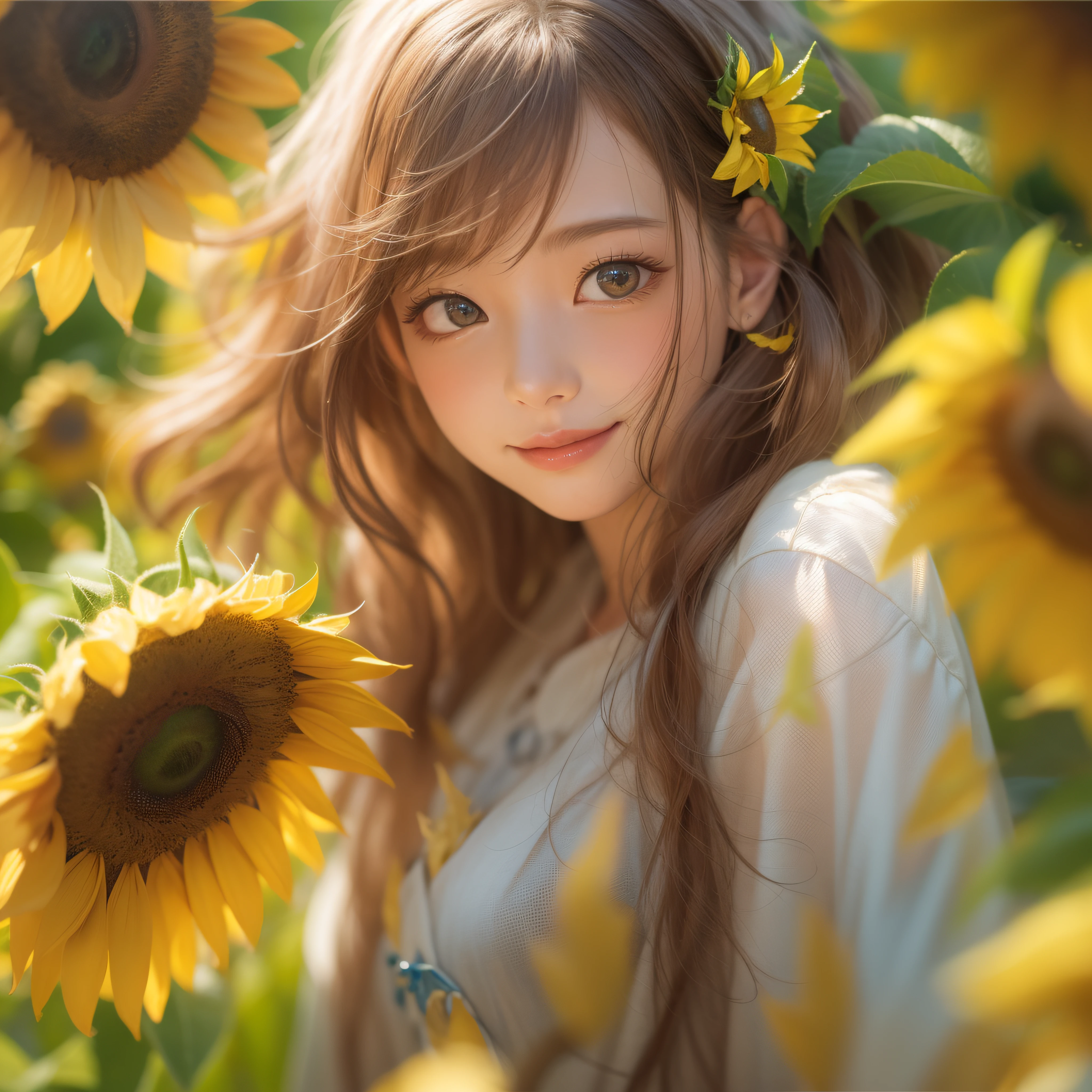 Close up of a smile with the corners of the mouth raised、(realisitic、hight resolution)、(1 girl in)、Do-Up Eye、Korean Girl、(Best Quality), (masutepiece), (1girl in), Solo, a beauty girl, Perfect face, Big Breast,dreamlikeart、Highly detailed airbrush art((Surreal))、Volumetric lighting、(top-quality)、The ultra-detailliert、(The composition of the movement:1.4)、Highly detailed colorful details、(Bright lighting)、dynamic compositions、Ray traching、The mirror reflects light、Shallow depth of field、ultra-detailliert、mixing exposure、nffsw、Her eyes shine sunflower、Staring at the sea。Her sunflower-colored face is full of anticipation and courage for adventure.、A smile appears on her sunflower-colored lips。 At the rear、The sun is slowly tilting to the west。Its light brings sunflower-colored light to the surface of the sea、The swaying waves create a beautiful scene。Her eyes are clearly glowing sunflower color。a lot of sunflower color