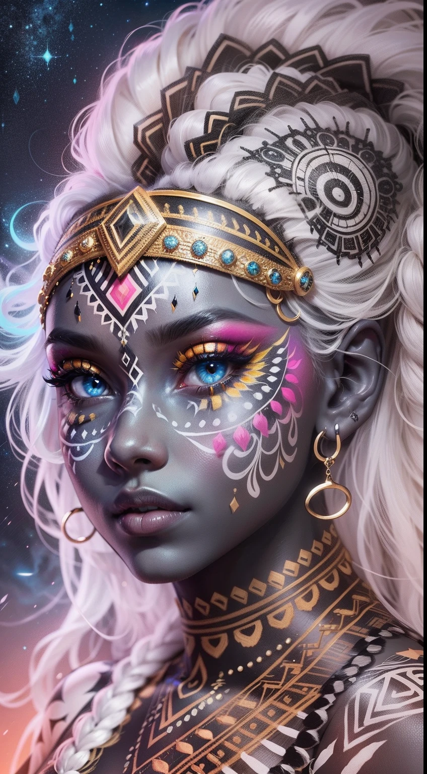 colouring book page, black and white, 32k, full body view, very beautiful tribal brown skin girl with excessive intricately detailed vivdly colorful facepaint bodypaint makeup, stunning radiant eyes, gorgeous white hair with highlights, magical night sky background