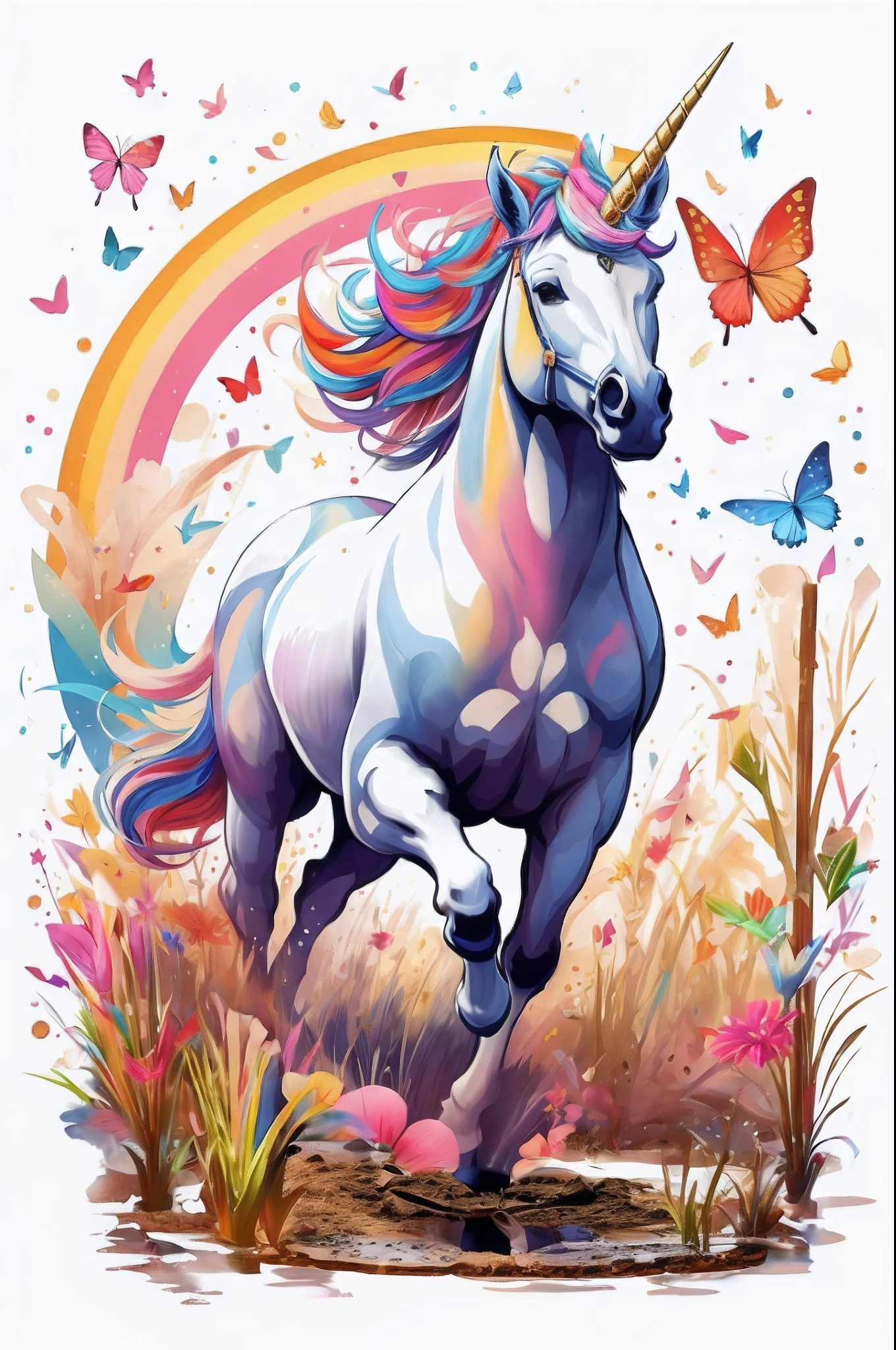The unicorn runs through a mud puddle Mud splashes through the air and has only one horn