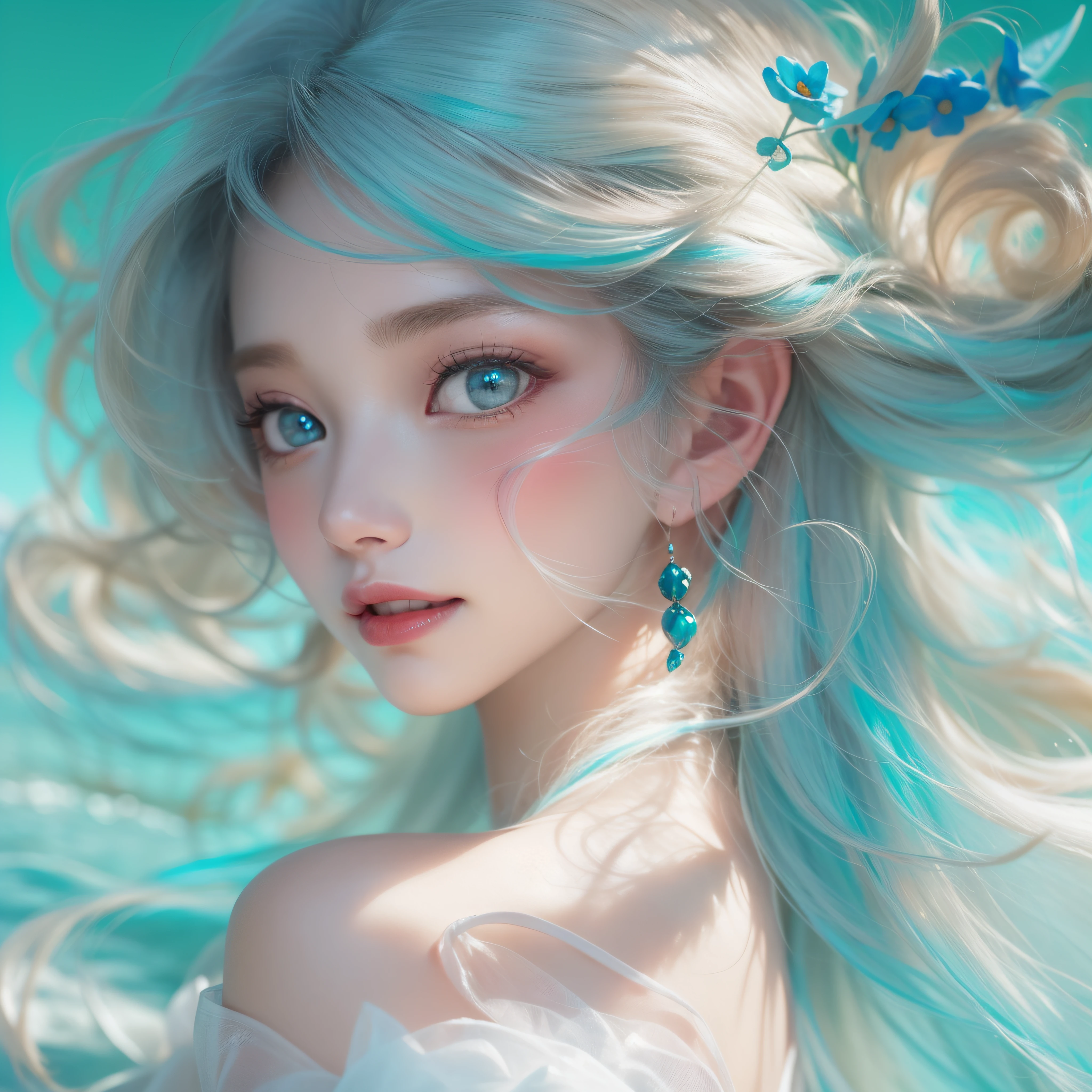 Close up of a smile with the corners of the mouth raised、(realisitic、hight resolution)、(1 girl in)、Do-Up Eye、Korean Girl、(Best Quality), (masutepiece), (1girl in), Solo, a beauty girl, Perfect face, Big Breast,dreamlikeart、Highly detailed airbrush art((Surreal))、Volumetric lighting、(top-quality)、The ultra-detailliert、(The composition of the movement:1.4)、Highly detailed colorful details、(Bright lighting)、dynamic compositions、Ray traching、The mirror reflects light、Shallow depth of field、ultra-detailliert、mixing exposure、nffsw、Her eyes are glowing blue-rose、Staring at the sea。Her rose-colored face is full of anticipation and courage for adventure.、A smile appears on her blue-rose-colored lips。 At the rear、The sun is slowly tilting to the west。That light brings a blue-rose light to the surface of the sea、The swaying waves create a beautiful scene。Her eyes are clearly blue rose。Lots of blue rose colors