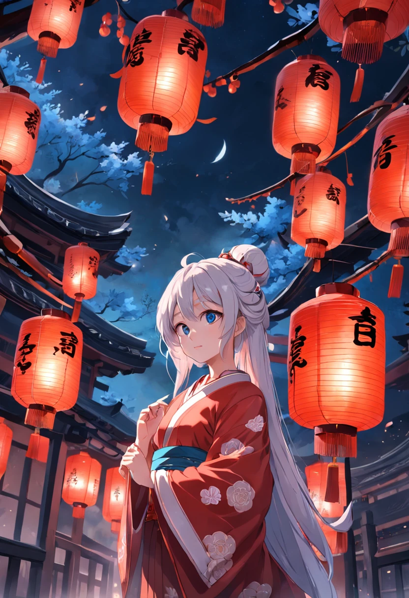 Aika：Lantern Festival，element in：1girll，Red lantern，blue color eyes，boisterous，orthofacial：0.85，Sympathy：0.9，Freshness，Be curious about new things，Blue hoodie，White clothes underneath，ambiente dark：0.8，detailedbackground：0.5，Long white hair fluttering，The background color is mainly reddish-orange，Moon White Lantern Festival。the night，On the ancient street，