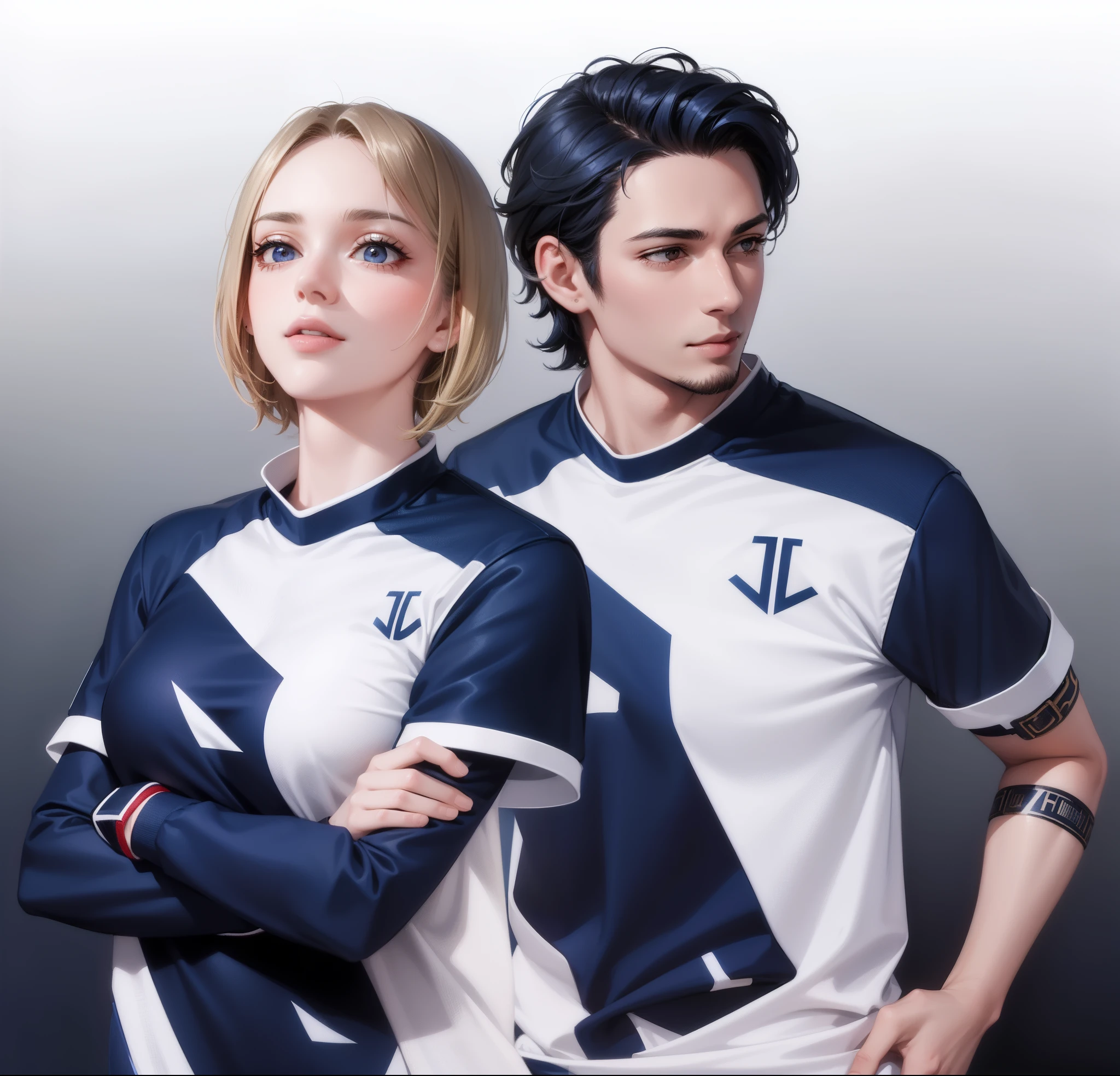 2 people, woman and man, Attractive profile picture, masterpiece, ultra-precise rendering, beautiful and cool young woman, trustworthy, dependable young woman, savior of the world, simple design, most beautiful image, 4K, blue black hair, beautiful woman, beautiful smile, woman short hair, clean skin, men facial hair,