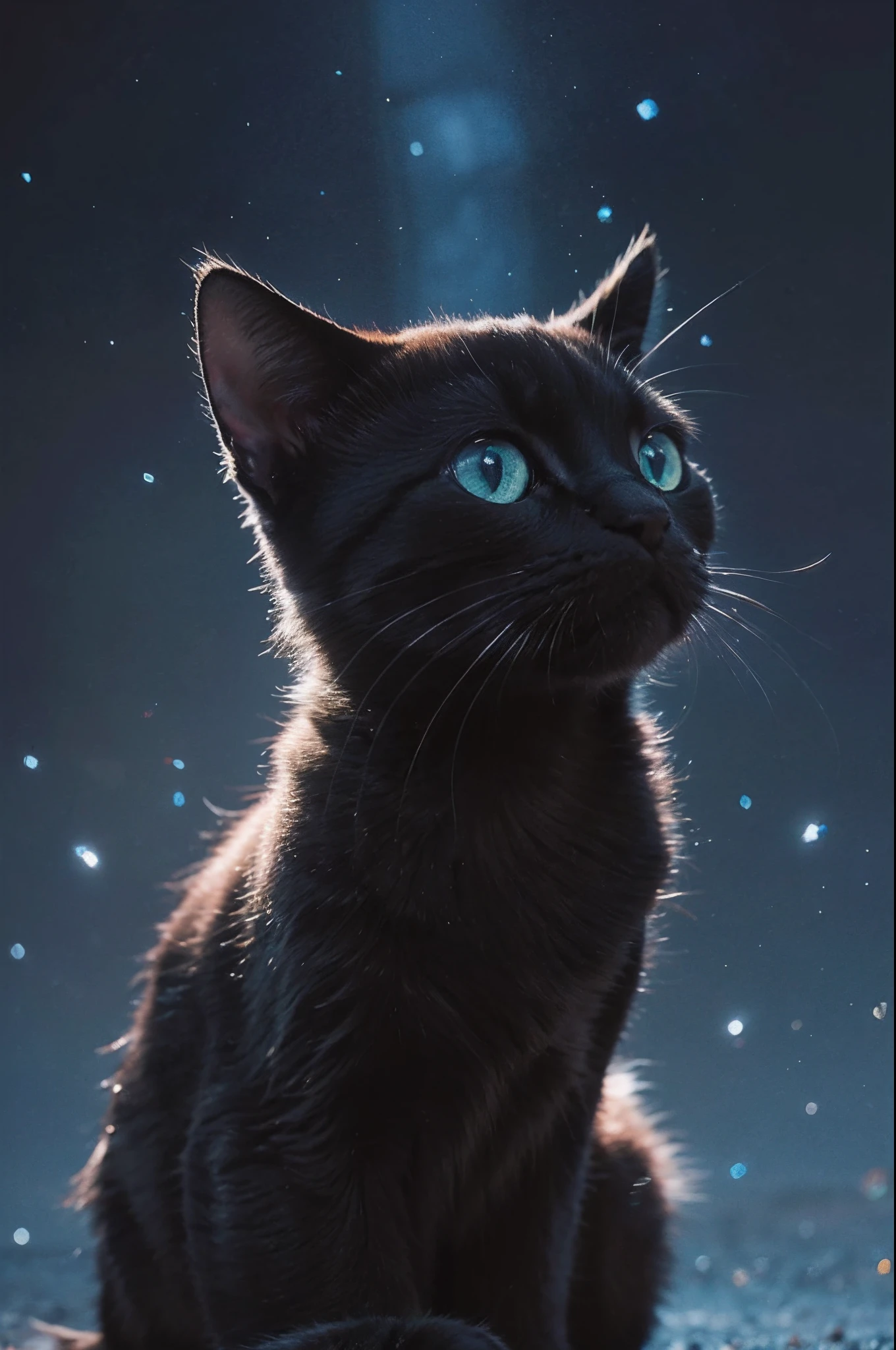 cat, 8k potrait of cute Cat with black hair, macro photography, intricate, elegant, realistic depth of field photography, perfect natural lighting (masterpiece, sidelighting, finely detailed beautiful image render), realistic hair, realistic particle, realistic bokeh, realistic blue sky, beautiful sky, ray of light, light photography, point of interest photography, perfect color tone, realistic eye cat, realistic backlight, realistic store texture, realistic stars, realistic cat whiskers , best lanscape color tone, realisti, realistic shadow, best of saturation, RAW IMAGE, night, Blue Glow Eye Color, leaf, cute black cat