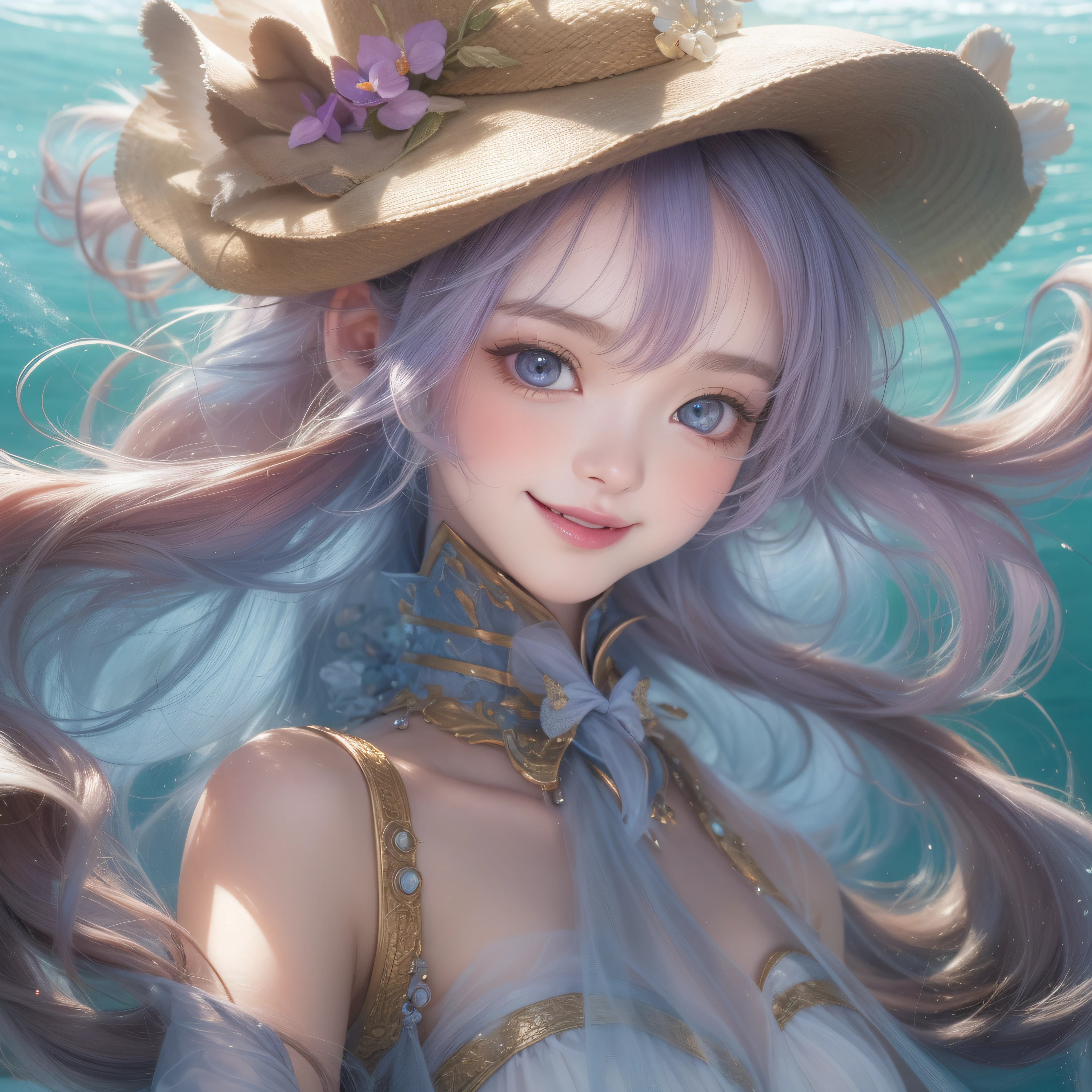 Close up of a smile with the corners of the mouth raised、(realisitic、hight resolution)、(1 girl in)、Do-Up Eye、Korean Girl、(Best Quality), (masutepiece), (1girl in), Solo, a beauty girl, Perfect face, Big Breast,dreamlikeart、Highly detailed airbrush art((Surreal))、Volumetric lighting、(top-quality)、The ultra-detailliert、(The composition of the movement:1.4)、Highly detailed colorful details、(Bright lighting)、dynamic compositions、Ray traching、The mirror reflects light、Shallow depth of field、ultra-detailliert、mixing exposure、nffsw、Her eyes shine violets、Staring at the sea。Her violet-colored face is full of anticipation and courage for adventure.、A smile appears on her violet-colored lips。 At the rear、The sun is slowly tilting to the west。Its light brings violet-colored light to the surface of the sea、The swaying waves create a beautiful scene。Her eyes shine clearly violet color。a lot of violet colors