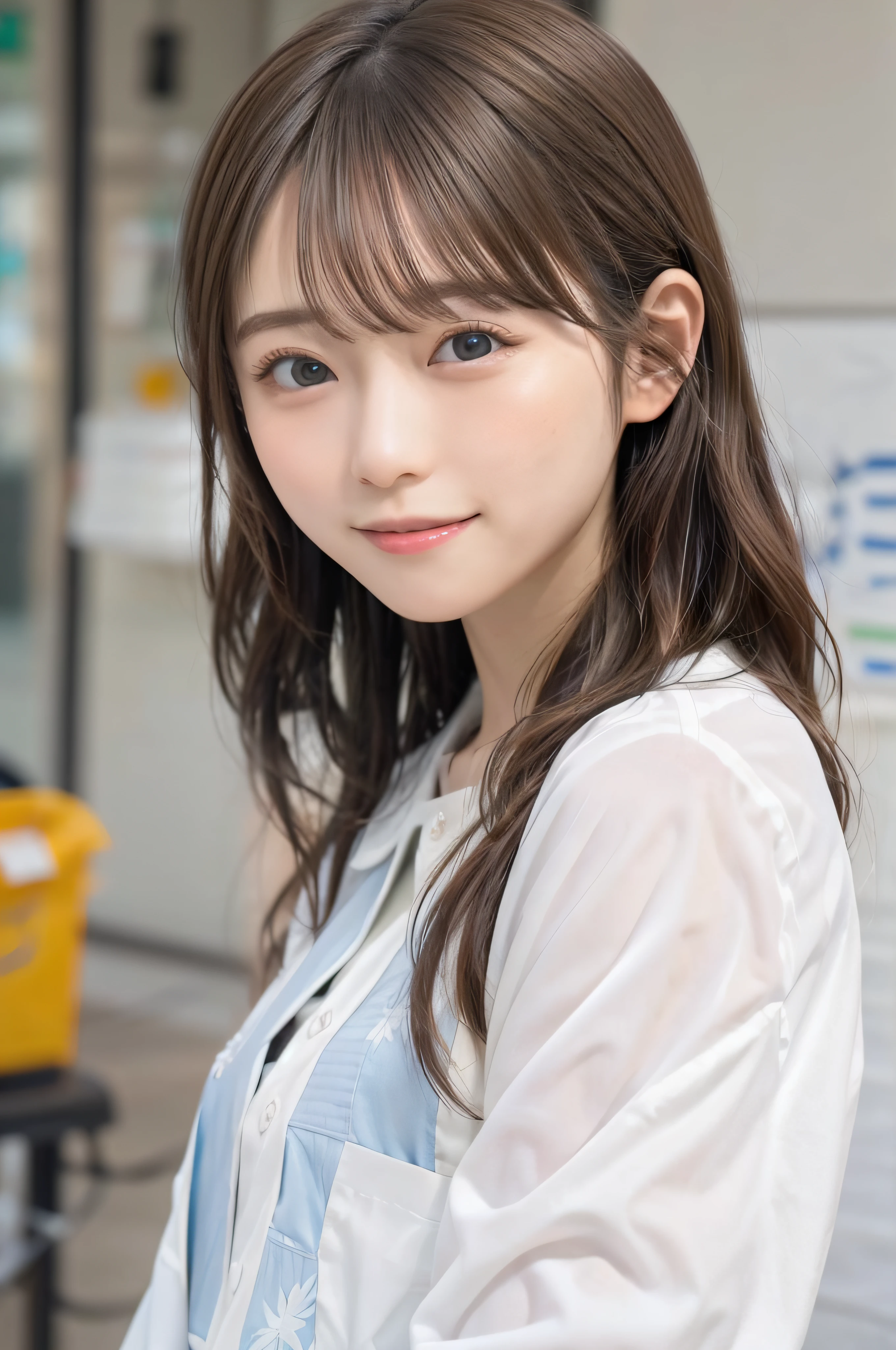 White background、blurry backround、Skin Care Cosmetics、1人、a beauty girl、small tits、Shyness、red blush、超A high resolution、Beautie、cute little、独奏、A Japanese Lady。ars、hi-school girl、a smile。Beautiful young woman model。bright expression、photorealisim、beautiful countenance、(pureerosface)、Glowing white shiny skin、Light brown straight hair、finer hair、Attractive beautiful brown eyes、Double eyelids、small tits、fashionGirl。Wears a white shirt。Close-up portrait。profetional lighting, depth of fields、model shoot tyle、top-quality、masterpiece、