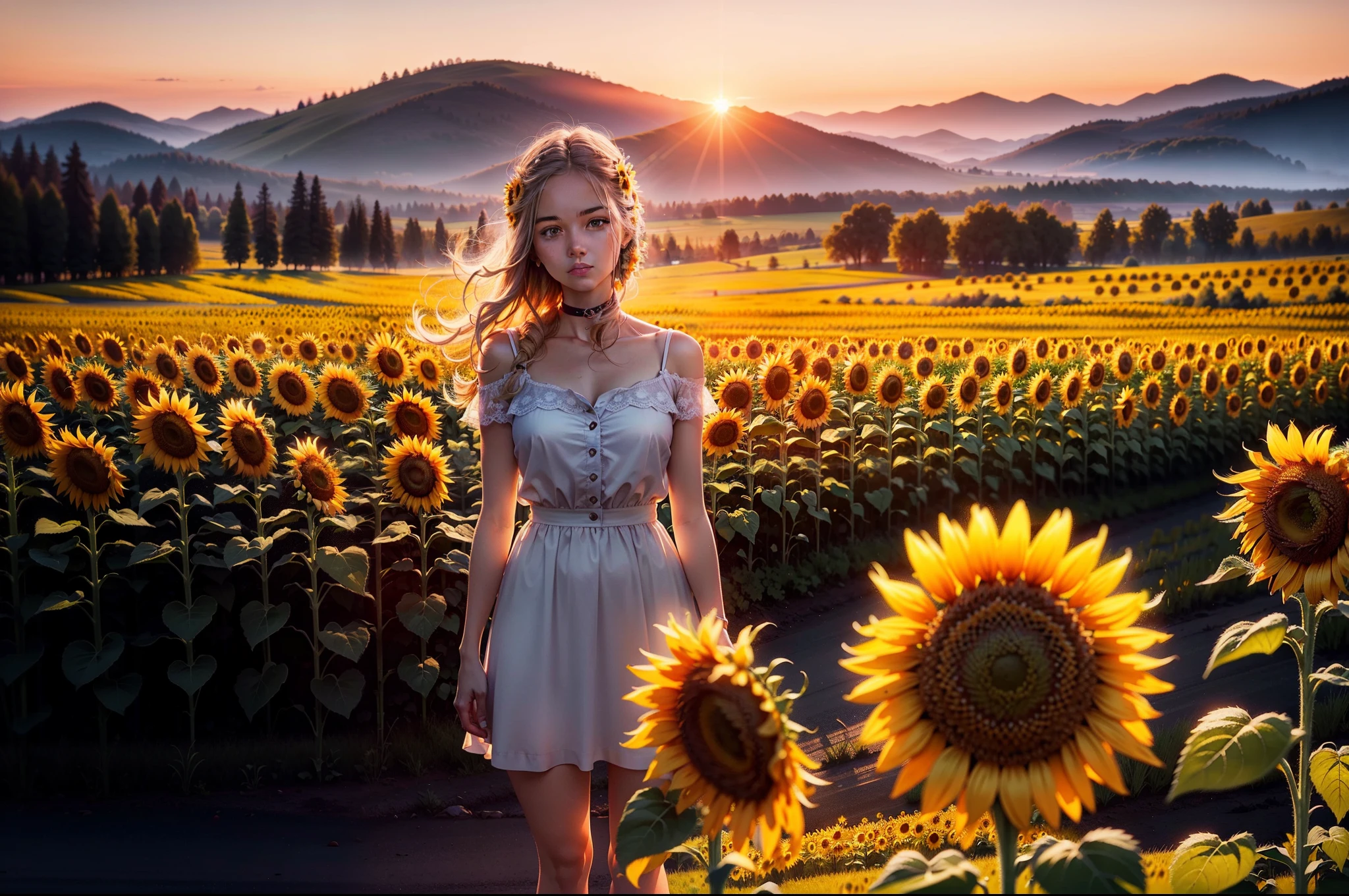 RAW photo, best, masterpiece, best quality, high quality, extremely detailed, professional photo report, a meadow of sunflowers at sunset, highest quality, very realistic