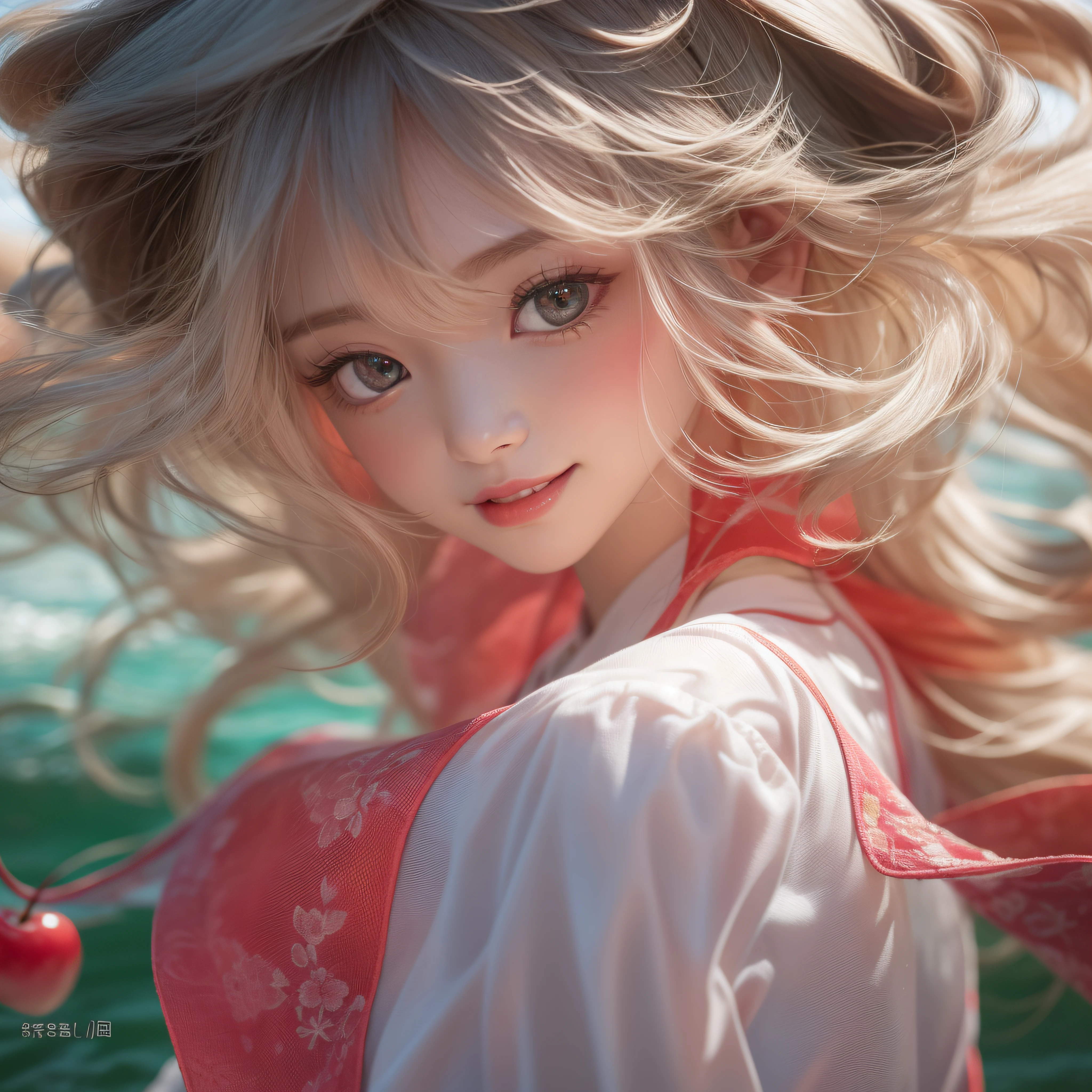 Close up of a smile with the corners of the mouth raised、(realisitic、hight resolution)、(1 girl in)、Do-Up Eye、Korean Girl、(Best Quality), (masutepiece), (1girl in), Solo, a beauty girl, Perfect face, Big Breast,dreamlikeart、Highly detailed airbrush art((Surreal))、Volumetric lighting、(top-quality)、The ultra-detailliert、(The composition of the movement:1.4)、Highly detailed colorful details、(Bright lighting)、dynamic compositions、Ray traching、The mirror reflects light、Shallow depth of field、ultra-detailliert、mixing exposure、nffsw、Her eyes are cherry red、Staring at the sea。Her cherry-colored face is full of anticipation and courage for adventure.、A smile appears on her cherry-colored lips。 At the rear、The sun is slowly tilting to the west。Its light brings cherry-colored light to the surface of the sea、The swaying waves create a beautiful scene。Her eyes are clearly glowing cherry。Lots of cherry colors