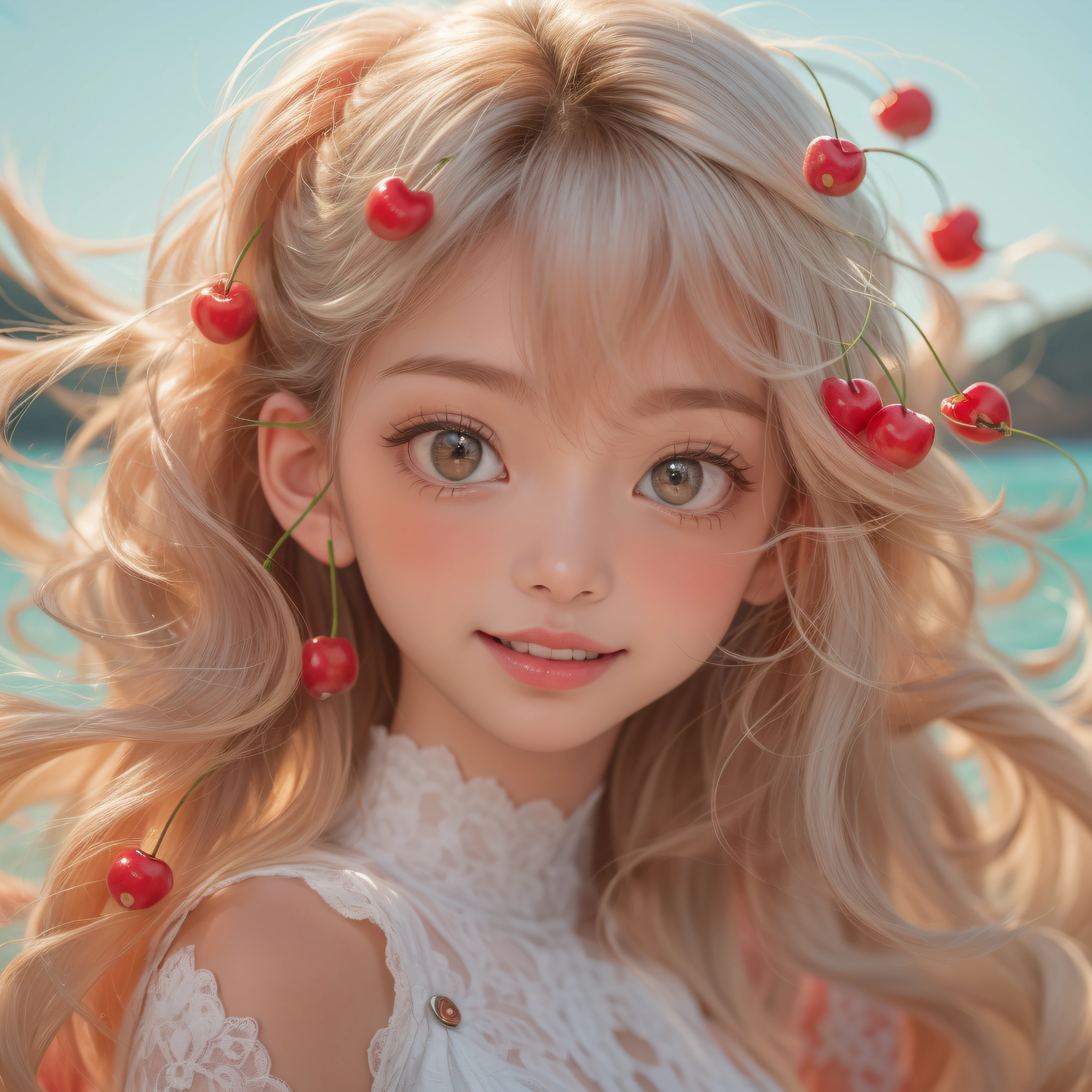 Close up of a smile with the corners of the mouth raised、(realisitic、hight resolution)、(1 girl in)、Do-Up Eye、Korean Girl、(Best Quality), (masutepiece), (1girl in), Solo, a beauty girl, Perfect face, Big Breast,dreamlikeart、Highly detailed airbrush art((Surreal))、Volumetric lighting、(top-quality)、The ultra-detailliert、(The composition of the movement:1.4)、Highly detailed colorful details、(Bright lighting)、dynamic compositions、Ray traching、The mirror reflects light、Shallow depth of field、ultra-detailliert、mixing exposure、nffsw、Her eyes are cherry red、Staring at the sea。Her cherry-colored face is full of anticipation and courage for adventure.、A smile appears on her cherry-colored lips。 At the rear、The sun is slowly tilting to the west。Its light brings cherry-colored light to the surface of the sea、The swaying waves create a beautiful scene。Her eyes are clearly glowing cherry。Lots of cherry colors