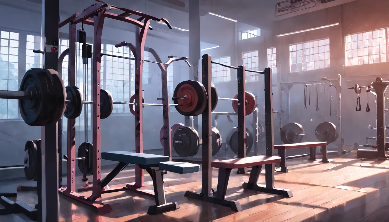 There is a gym with a barbell and a bench, Local gym, Dirty gym, Dim dirty gym, Background to the gym, in the gym, Cottagecore!! fitness body, photo taken in 2 0 2 0, working out, photo taken from far away, Ring, Intermediate transformation, by Petr Brandl, Gym, Anime style!!!