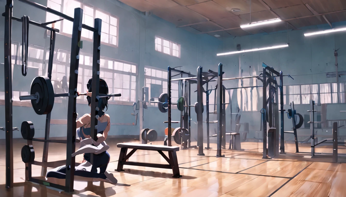 There is a gym with a barbell and a bench, Local gym, Dirty gym, Dim dirty gym, Background to the gym, in the gym, Cottagecore!! fitness body, photo taken in 2 0 2 0, working out, photo taken from far away, Ring, Intermediate transformation, by Petr Brandl, Gym, Anime style!!!