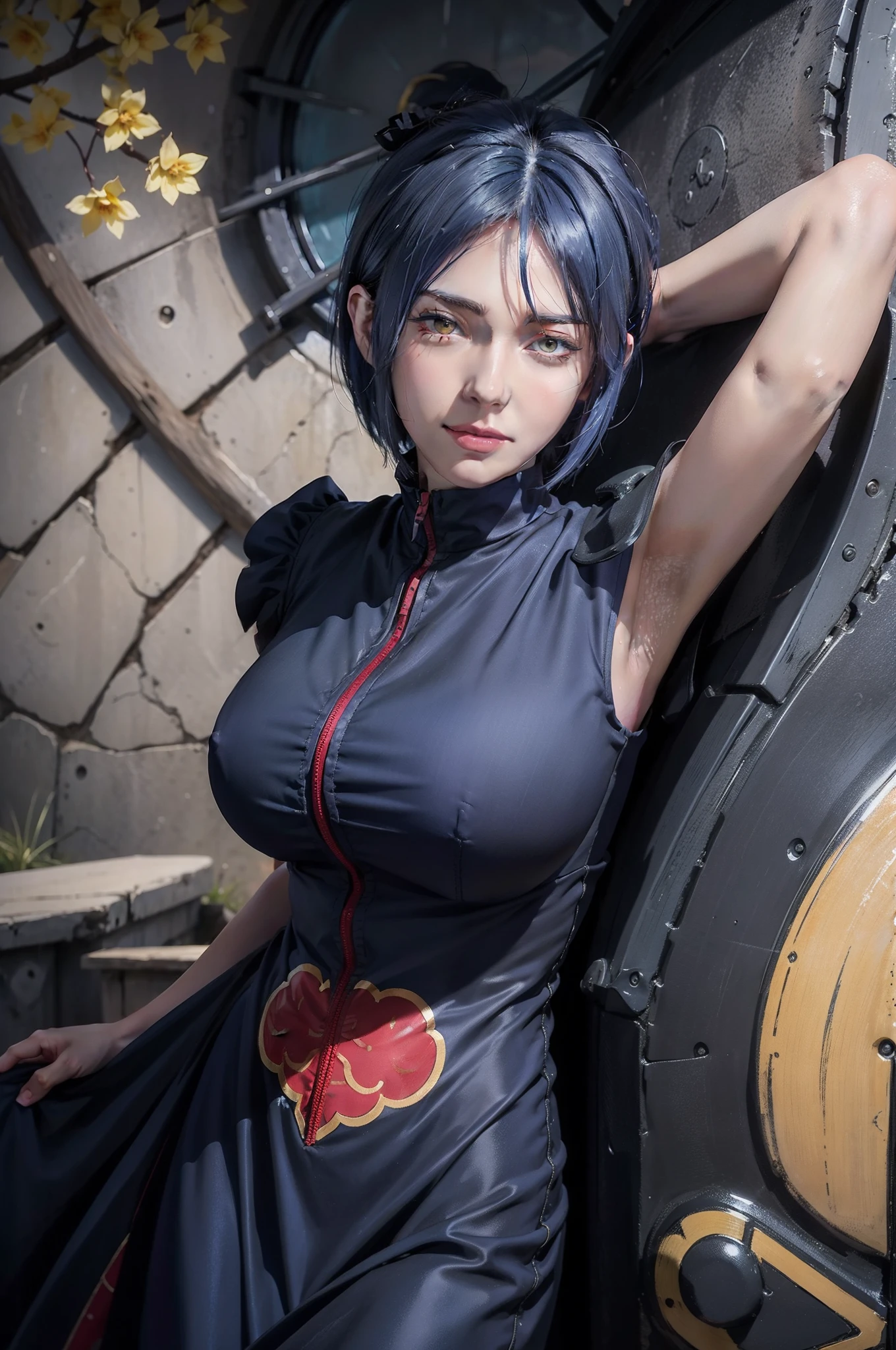 1girl, konan akatsuki in anime naruto, short hair, blue hair, yellow eyes, smile, beautiful, sexy dress, sexy clothes, black and red clothes, very big breast, realistic clothes, detail clothes, outdoor background, ultra detail, realistic