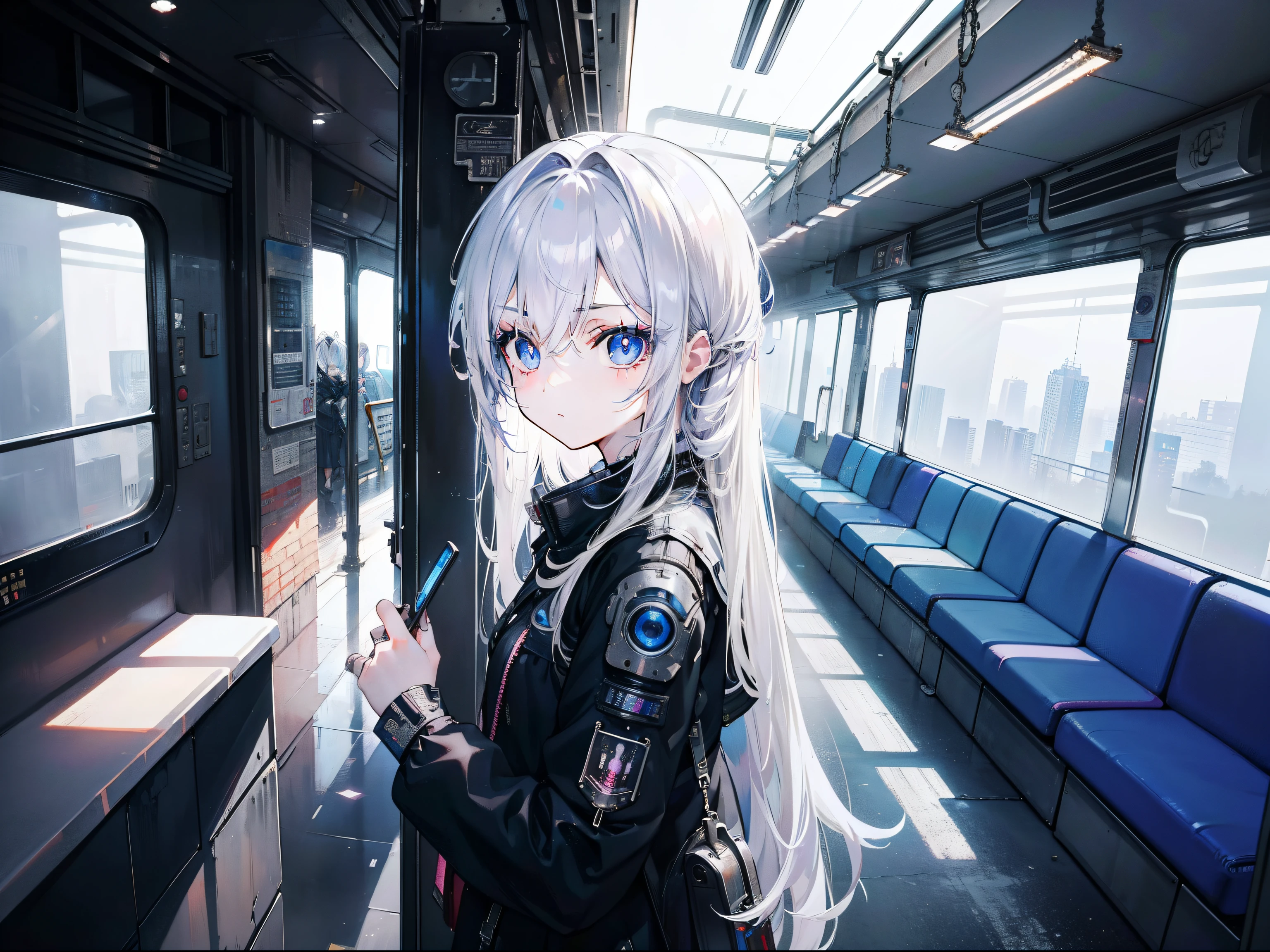 masterpiece、top-quality、Broken train、The girl's hair is white、The girl's eyes are blue、Silver gray background、cyber punk style、Cracked glass texture、Broken train car lines、The contour of the girl's hair and eyes、A look of determination、Doomsday World、Anime-style girl
