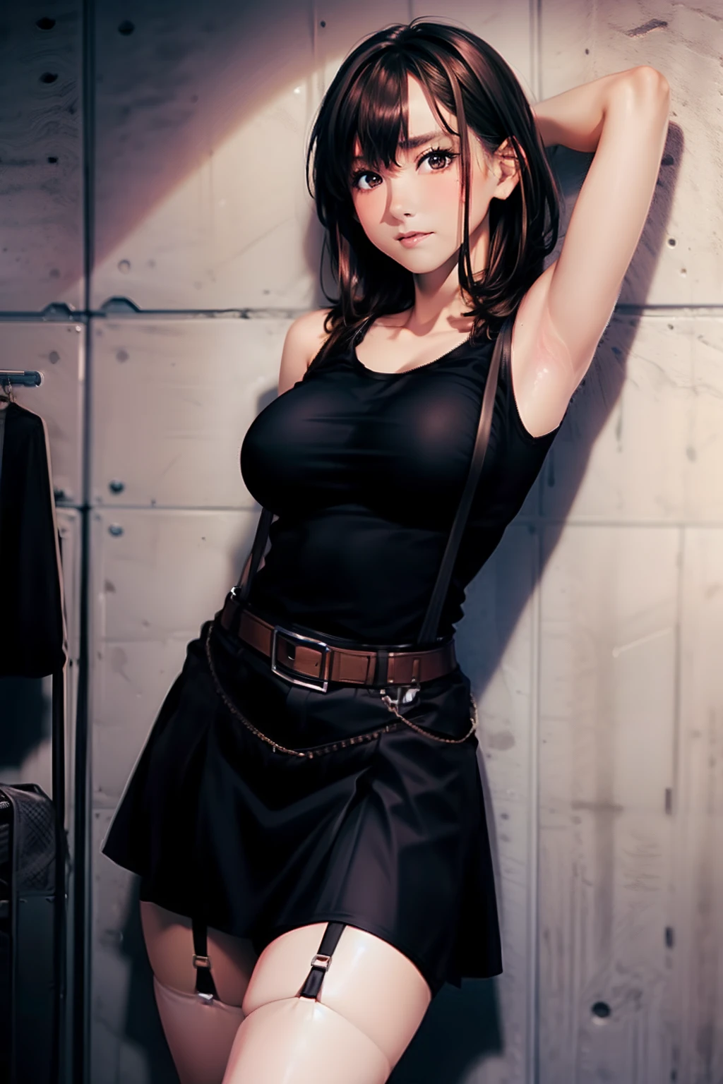 Black skirt, Black Tank Tops suspenders, Brown hair short, Gray eyes, Garter belt on the legs, Tight clothes, a belt Armpit sweat deadpan large full breasts