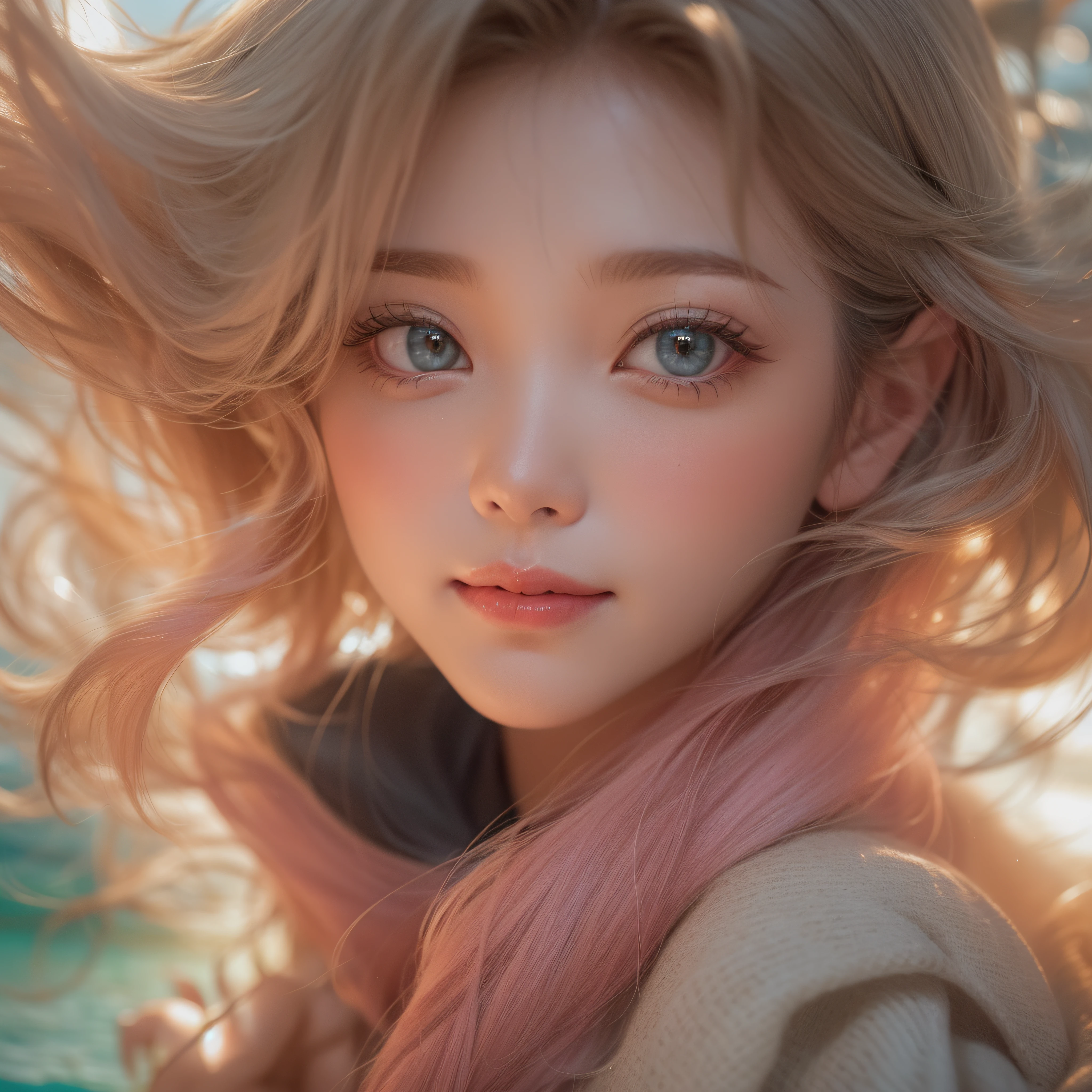 Close up of a smile with the corners of the mouth raised、(realisitic、hight resolution)、(1 girl in)、Do-Up Eye、Korean Girl、(Best Quality), (masutepiece), (1girl in), Solo, a beauty girl, Perfect face, Big Breast,dreamlikeart、Highly detailed airbrush art((Surreal))、Volumetric lighting、(top-quality)、The ultra-detailliert、(The composition of the movement:1.4)、Highly detailed colorful details、(Bright lighting)、dynamic compositions、Ray traching、The mirror reflects light、Shallow depth of field、ultra-detailliert、mixing exposure、nffsw、Her eyes glow fluorescent pink、Staring at the sea。Her fluorescent pink face is full of anticipation and courage for adventure.、A smile appears on her pink lips。 At the rear、The sun is slowly tilting to the west。That light brings fluorescent pink light to the surface of the ocean、The swaying waves create a beautiful scene。Her eyes are clearly glowing fluorescent pink。Lots of fluorescent pink