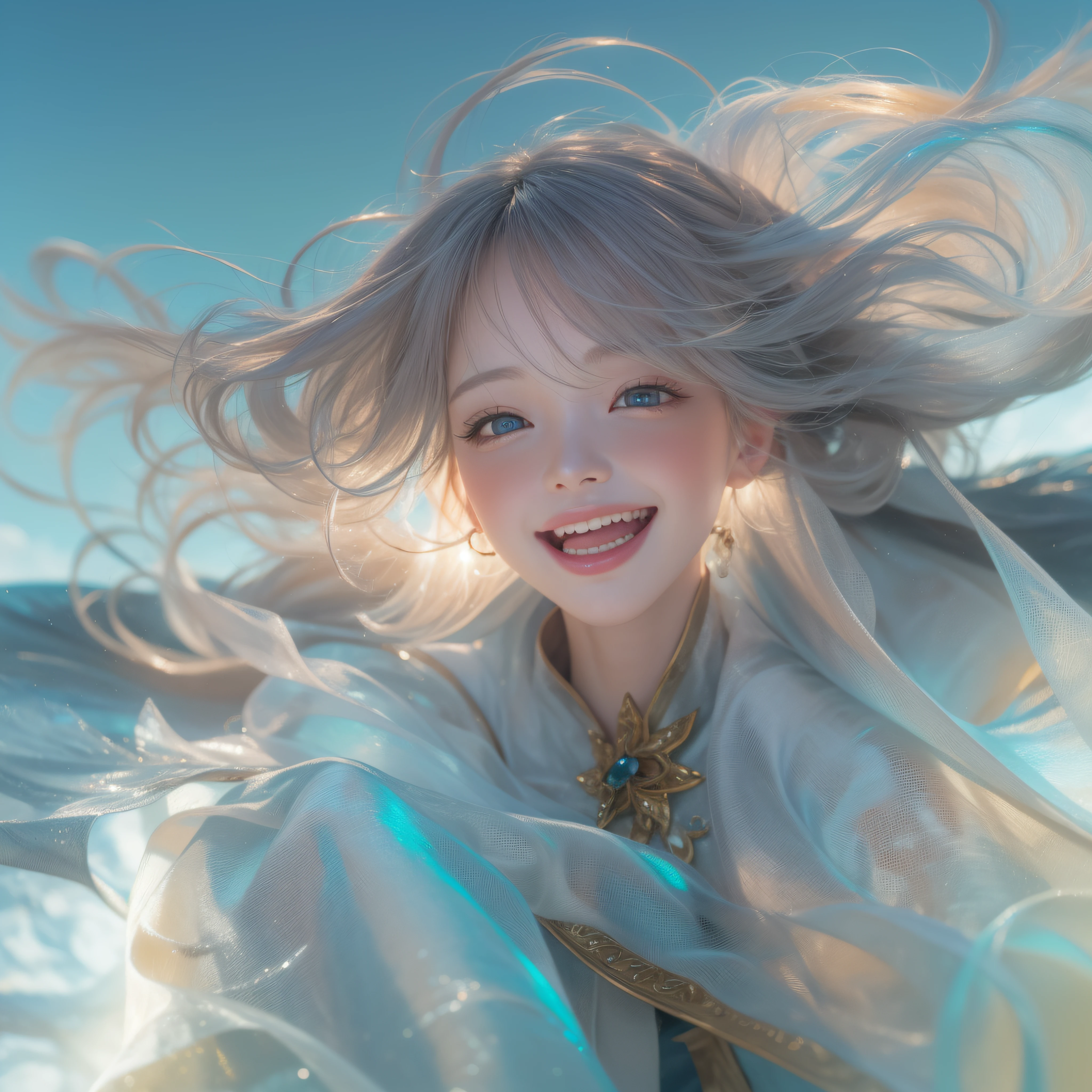 enamel、parka、Close up of smiling face with open mouth、(realisitic、hight resolution)、(1 girl in)、Do-Up Eye、Korean Girl、(Best Quality), (masutepiece), (1girl in), Solo, a beauty girl, Perfect face, Big Breast,dreamlikeart、Highly detailed airbrush art((Surreal))、Volumetric lighting、(top-quality)、The ultra-detailliert、(The composition of the movement:1.4)、Highly detailed colorful details、(Bright lighting)、dynamic compositions、Ray traching、The mirror reflects light、Shallow depth of field、ultra-detailliert、mixing  exposure、nffsw、Her eyes shine iridescent、Staring at the iridescent sea。Her iridescent face is、Full of adventure anticipation and courage.、A smile appears on her iridescent lips。 At the rear、The sun is slowly tilting to the west。Its light brings iridescent light to the surface of the sea、The swaying waves create a beautiful scene。Her eyes shine clearly iridescent。Lots of iridescent colors、