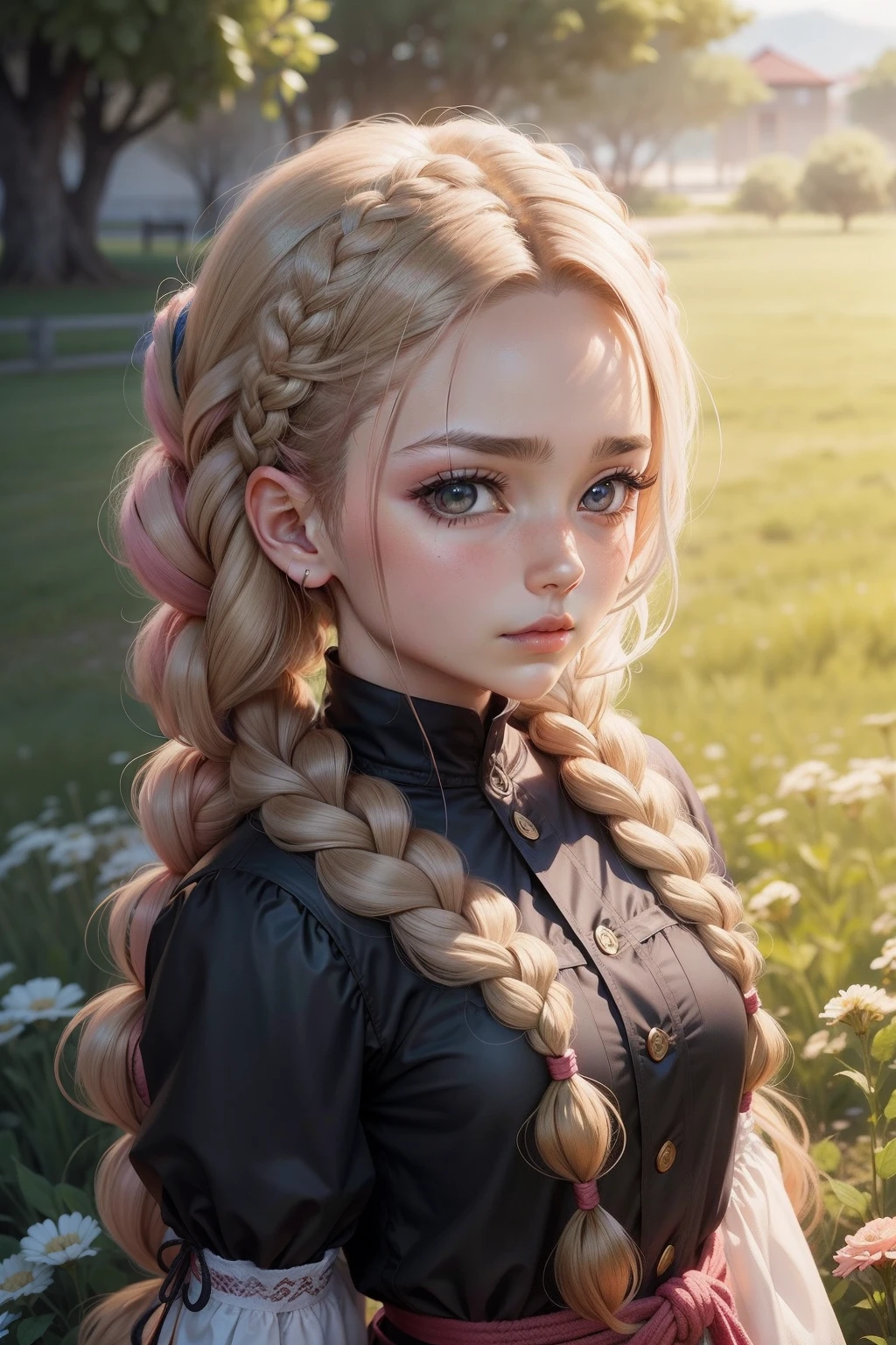 1 anime feminino,   braid hair, cabelos brancos, olhos azuis, sentado no meio de um campo de rosas.