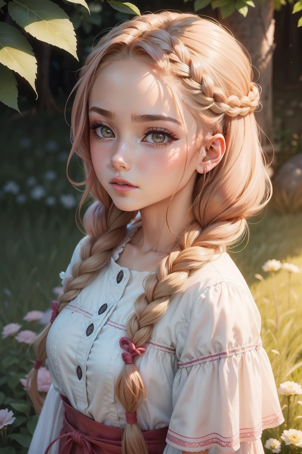 1 anime feminino, braid hair, cabelos brancos, olhos azuis, sentado no meio de um campo de rosas.