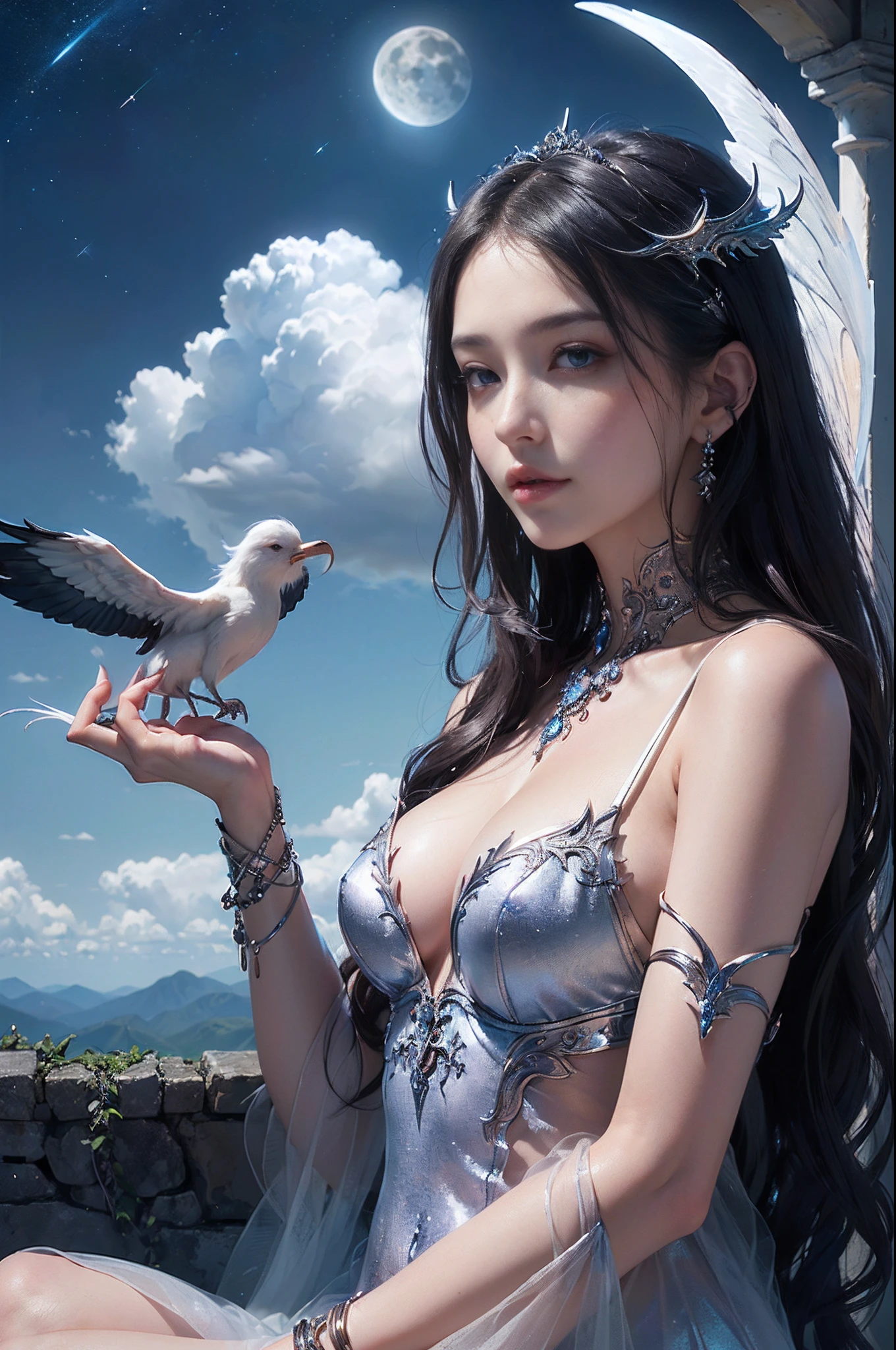 ((nood)), ((tmasterpiece)), (A detailed), seductive succubus, ethereal beauty, Perching on the clouds, (fantasy illustrations:1.3), a captivating gaze, enchanting posture, Delicate wings, Otherworldly charm, mystical sky, (By Luis Royo:1.2), (Yoshitaka Amano:1.1), Moon Night, PastelColors, (Detailed Cloud View:1.3), (hight resolution:1.2)，up close shot，up close shot，Black eyes，Detailed beautiful eyes，angelicales，one white winged