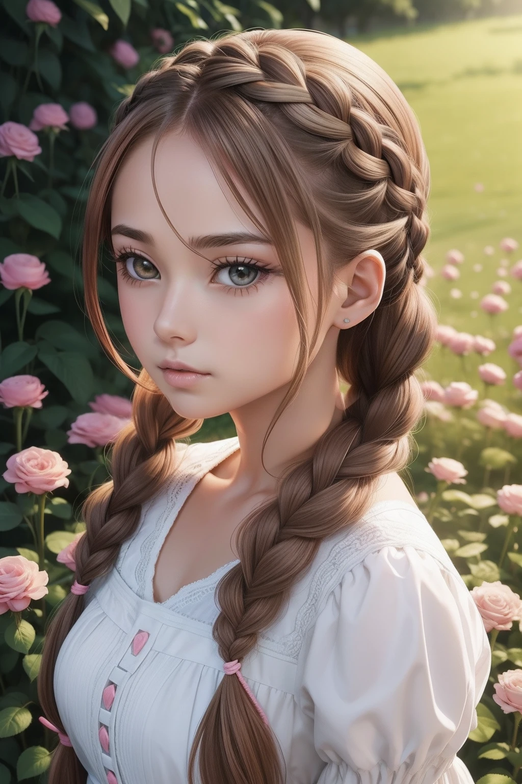 1 anime feminino, braid hair, cabelos brancos, olhos azuis, sentado no meio de um campo de rosas.