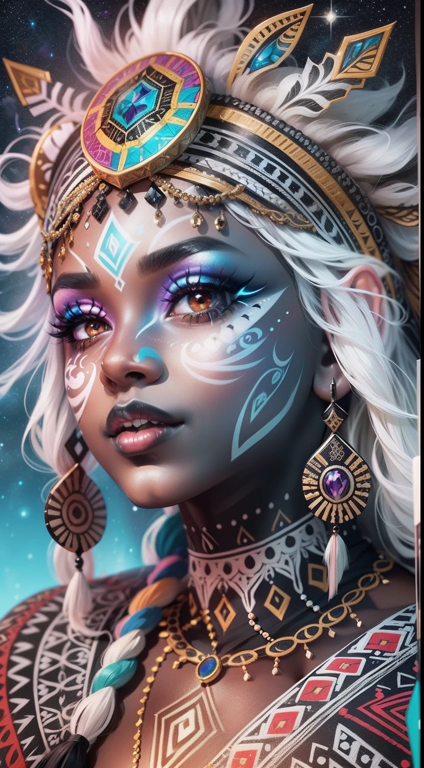 colouring book page, black and white, 32k, full body view, very beautiful tribal brown skin girl with excessive intricately detailed vivdly colorful facepaint bodypaint makeup, stunning radiant eyes, gorgeous white hair with highlights, magical night sky background