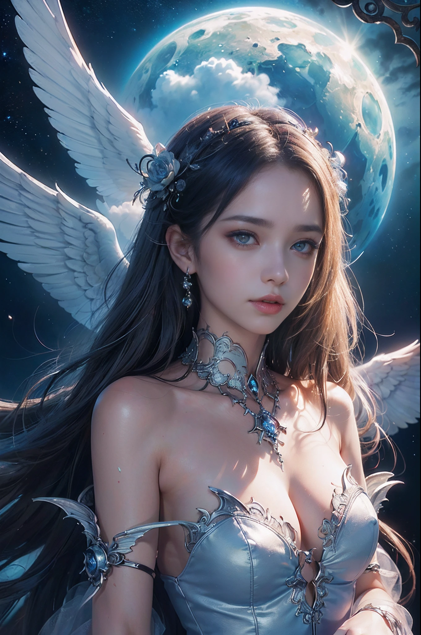 ((nood)), ((tmasterpiece)), (A detailed), seductive succubus, ethereal beauty, Perching on the clouds, (fantasy illustrations:1.3), a captivating gaze, enchanting posture, Delicate wings, Otherworldly charm, mystical sky, (By Luis Royo:1.2), (Yoshitaka Amano:1.1), Moon Night, PastelColors, (Detailed Cloud View:1.3), (hight resolution:1.2),up close shot,up close shot,Black eyes,Detailed beautiful eyes,angelicales,one white winged