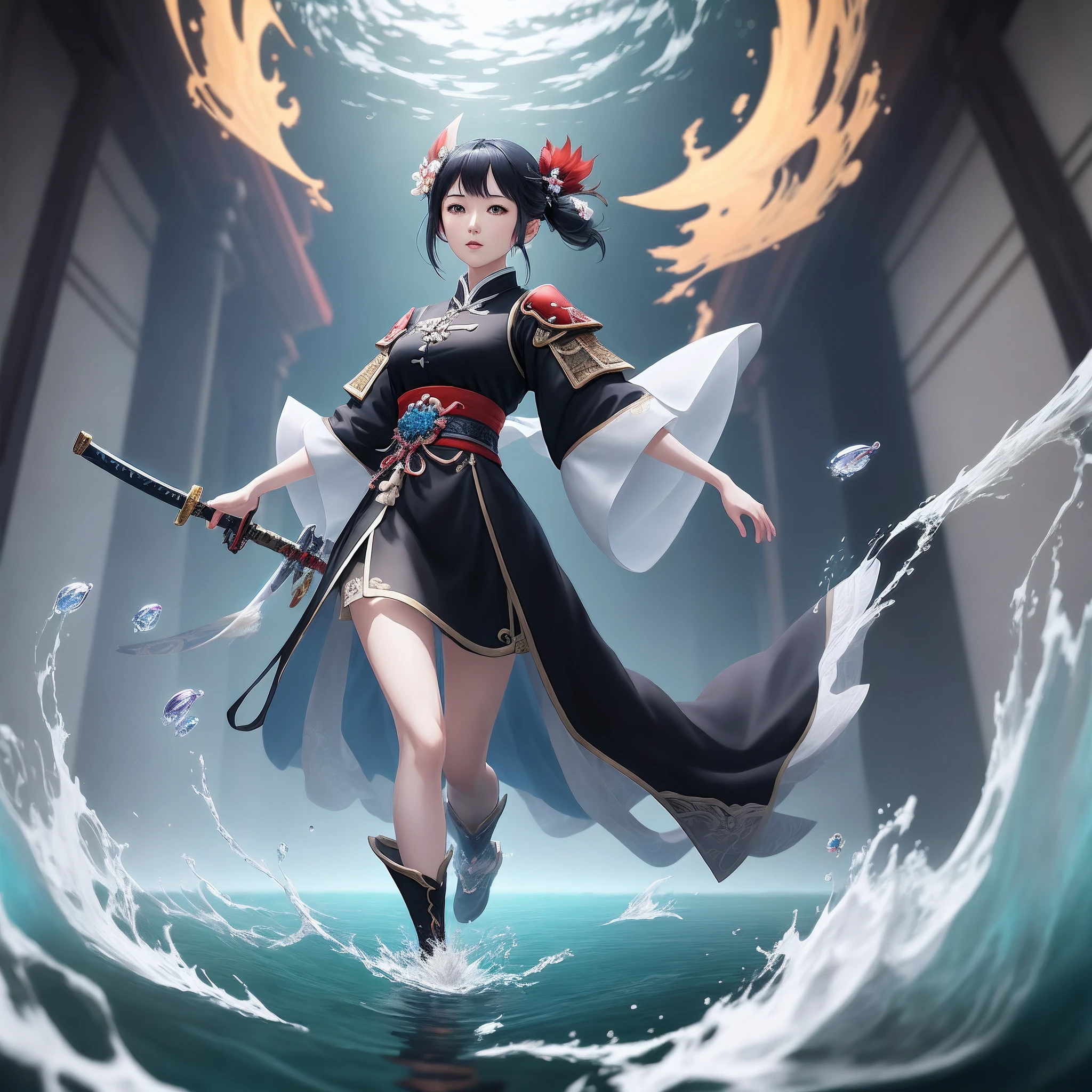 Anime girl wearing black dress,Sword in the water, full-body xianxia, Onmyoji detailed art, Anime girl walking on water, dramatic magic floating pose, full-body wuxia, onmyoji, Smooth anime CG art, Anime art wallpaper 8 K, Ayaka Genshin impact, onmyoji portrait, black-haired mage