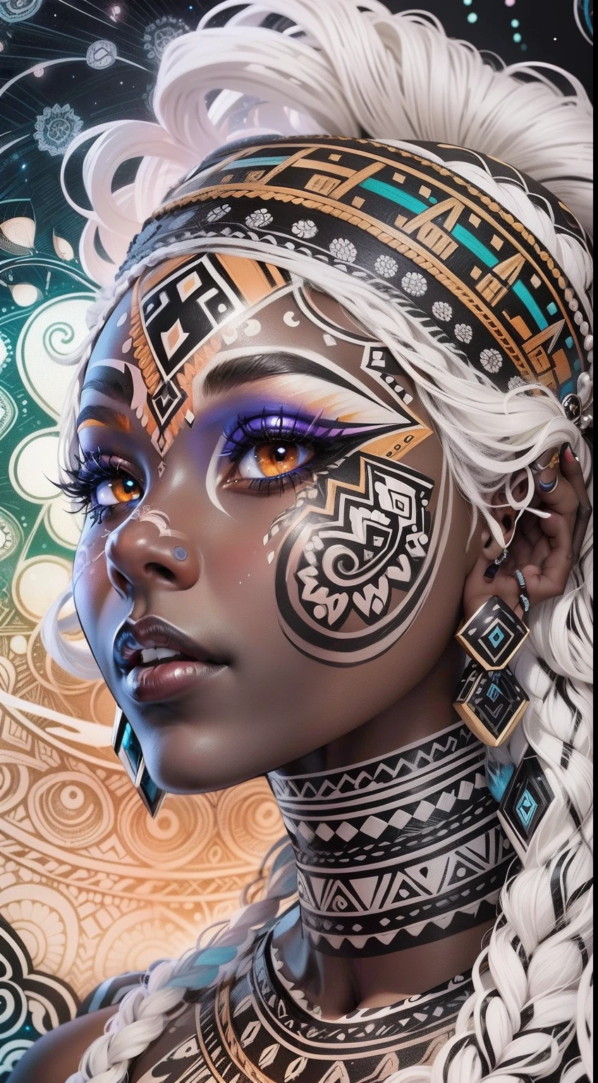 colouring book page, black and white, 32k, full body view, very beautiful tribal brown skin girl with excessive intricately detailed vivdly colorful facepaint bodypaint makeup, stunning radiant eyes, gorgeous white hair with highlights, magical night sky background