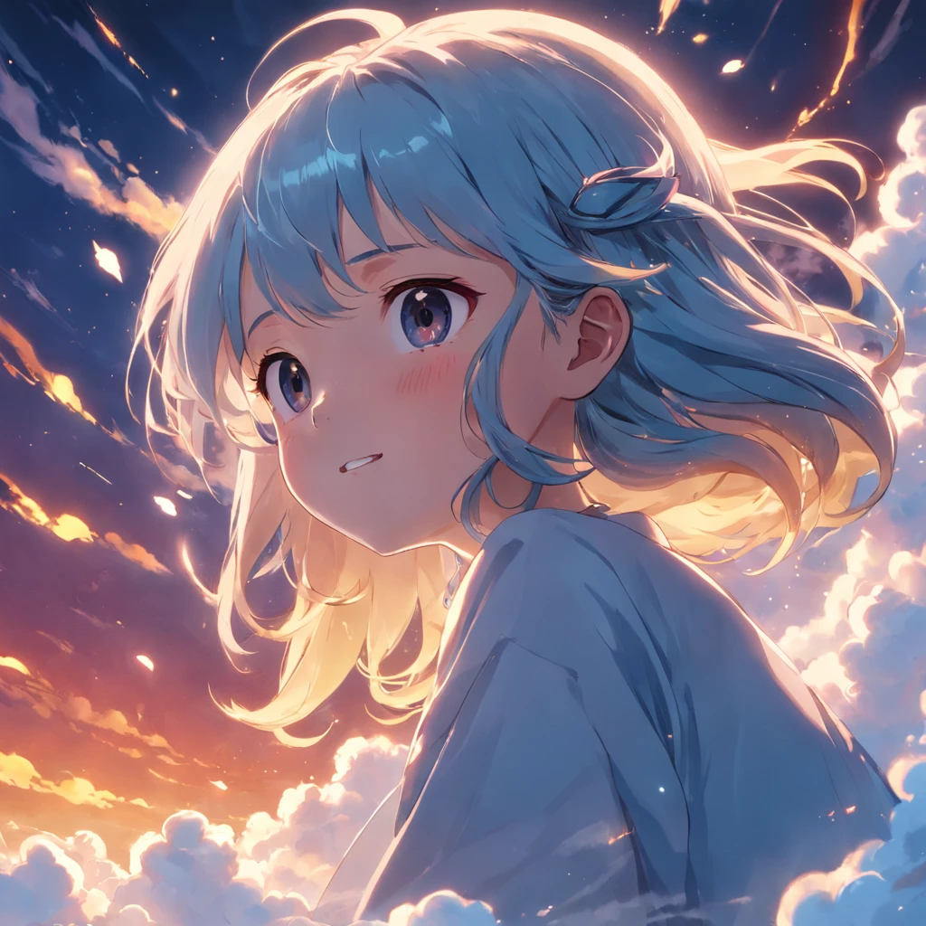 masterpiece, best quality, movie still, 1girl, cloud girl, floating in the sky, close-up, bright, happy, warm soft lighting, sunset, (sparks:0.7)