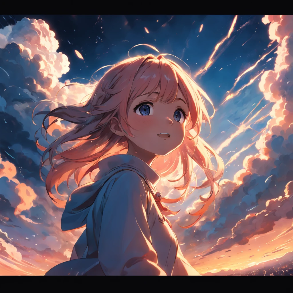 masterpiece, best quality, movie still, 1girl, cloud girl, floating in the sky, close-up, bright, happy, warm soft lighting, sunset, (sparks:0.7)