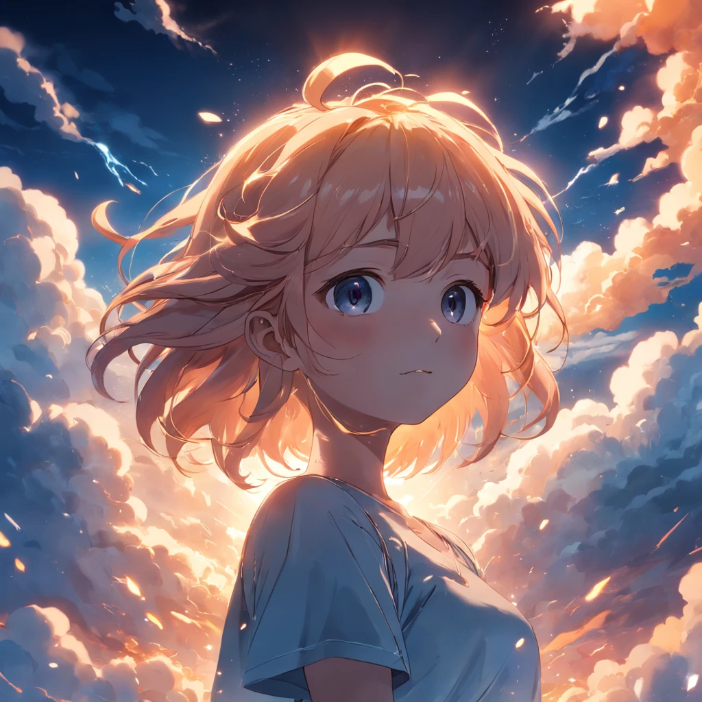 masterpiece, best quality, movie still, 1girl, cloud girl, floating in the sky, close-up, bright, happy, warm soft lighting, sunset, (sparks:0.7)