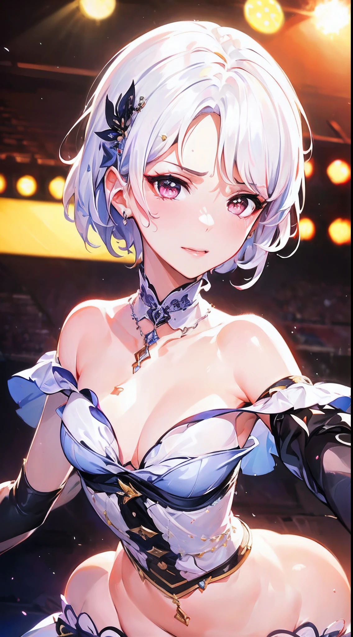 (Best quality),(4k), [highly grand detailed CG painting]!!,(((the Greatest masterpiece,))) (ultra detailed),(((idol))),(intricately details),(Natural,cute face,)(((extremely hateful face))),((((beautiful stage)))),(dynamic angles,view from the top),(consistent stream),(dynamic lighting),(blooming,synthetic wave), (reality: 0.7), solo,