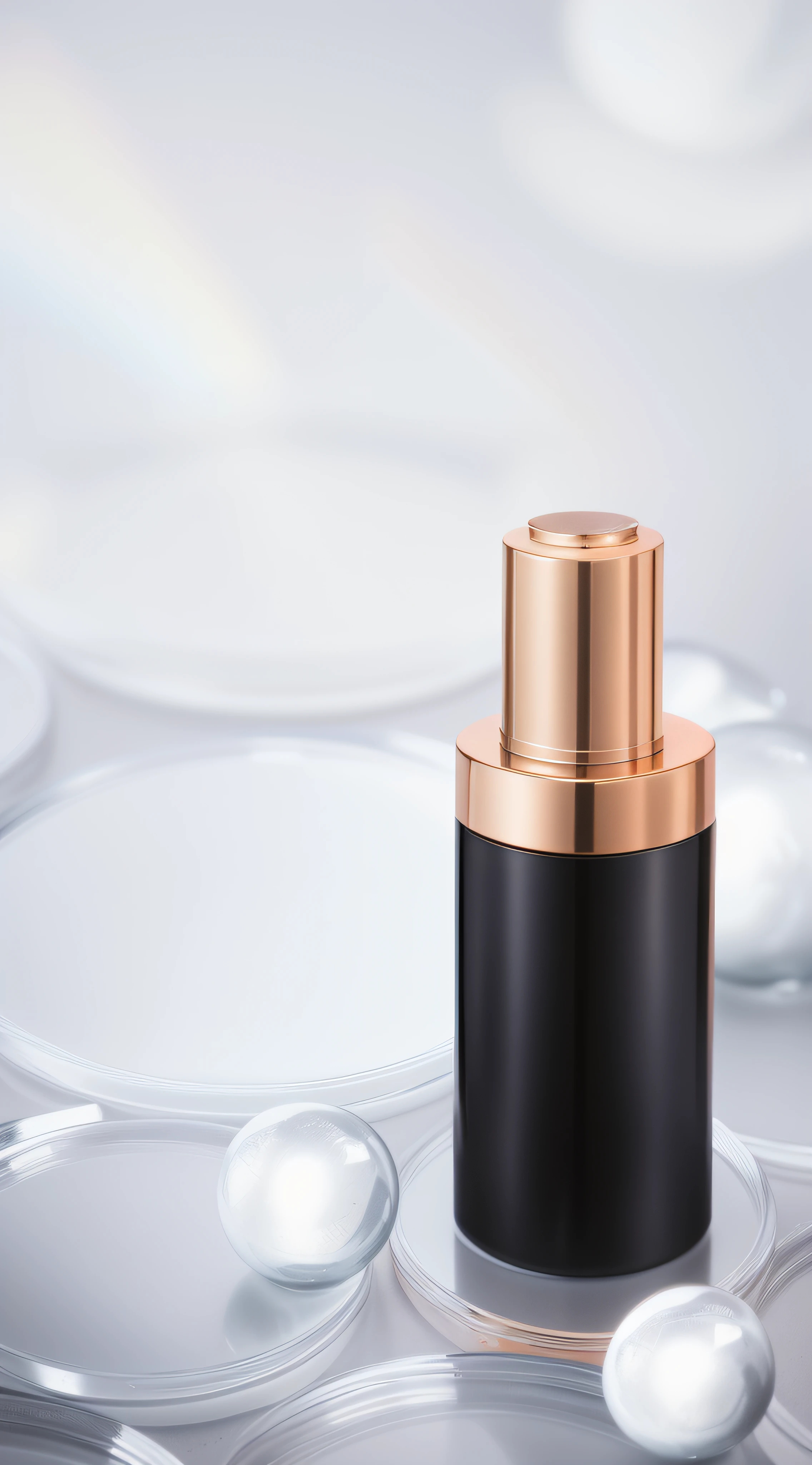 There is a bottle of liquid with a gold cap, textured base ; product image, close-up product photo, Glossy surface, exquisitedetails, dramatic product shot, high angle close up shot, professional product shot, diffused natural skin glow, high quality topical render, close up portrait shot, Product photography, bottom angles, exquisite and smooth details