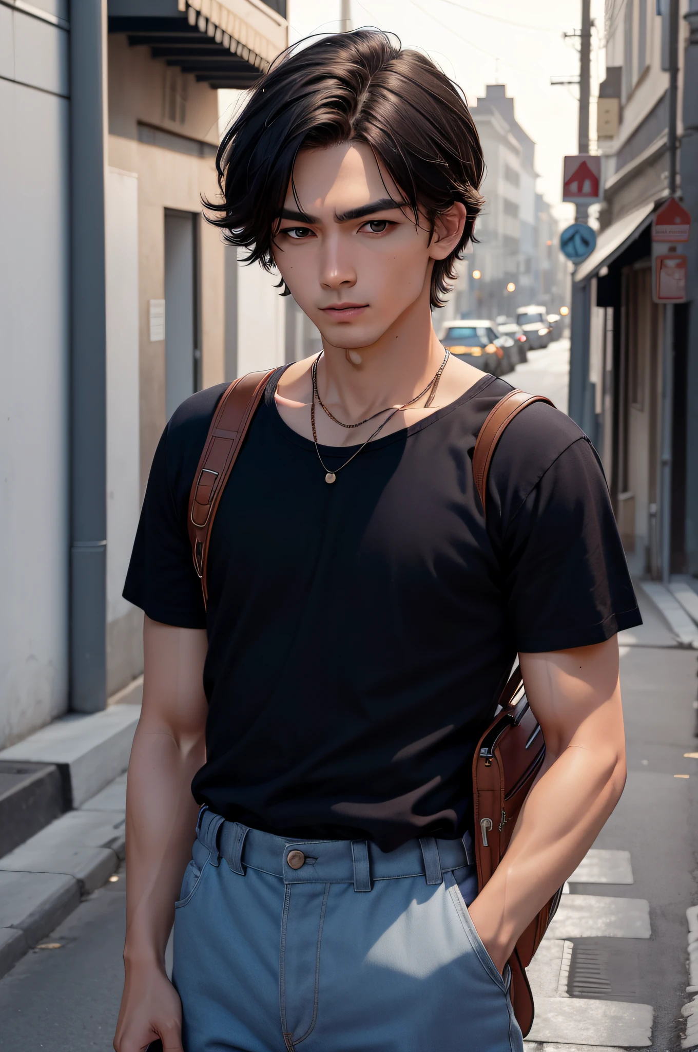 (Best Quality: 1.4), (Absurd, hard disk, ultra-detailliert), (1 male, Single, Adult, Mature: 1.4, age: 1.4, Handsome), Extremely short hair, Black hair, Hair oil, Brown eyes, (pointed chin: 1.4, thick neck: 1.4, Thick eyebrows: 1.4), BREAK, Night, Dark, Standing sideways on the street, , Carrying a school bag, BREAK, Upper body,