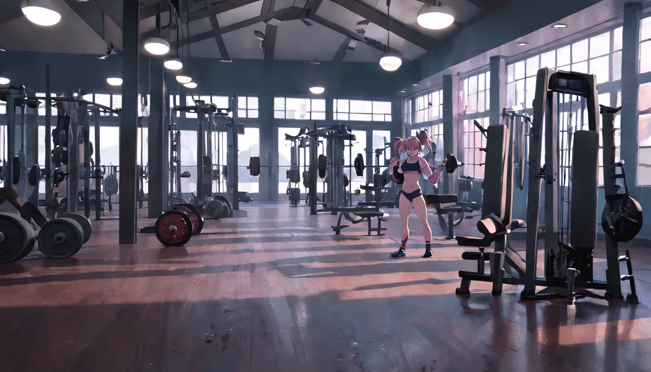 There is a gym with a barbell and a bench, Local gym, Dirty Gym, Dim dirty gym, Background to the gym, in the gym, Cottagecore!! fitness body, photo taken in 2 0 2 0, working out, photo taken from far away, circlet, Intermediate transformation, by Petr Brandl, Gym, Anime style!!! NOhumans!!! basement, Darkness, mud, The atmosphere of the basement
