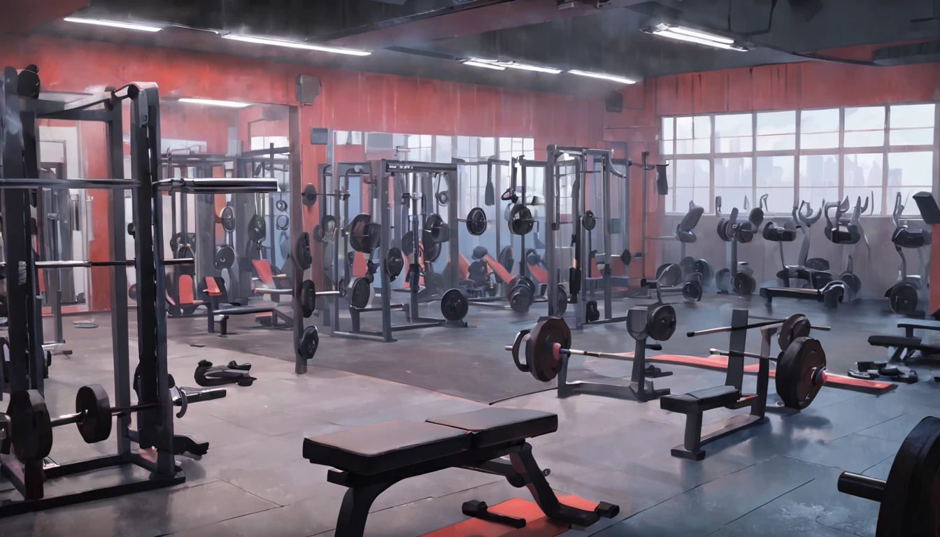 There is a gym with a barbell and a bench, Local gym, Dirty Gym, Dim dirty gym, Background to the gym, in the gym, Cottagecore!! fitness body, photo taken in 2 0 2 0, working out, photo taken from far away, circlet, Intermediate transformation, by Petr Brandl, Gym, Anime style!!! NOhumans!!! basement, Darkness, mud, The atmosphere of the basement