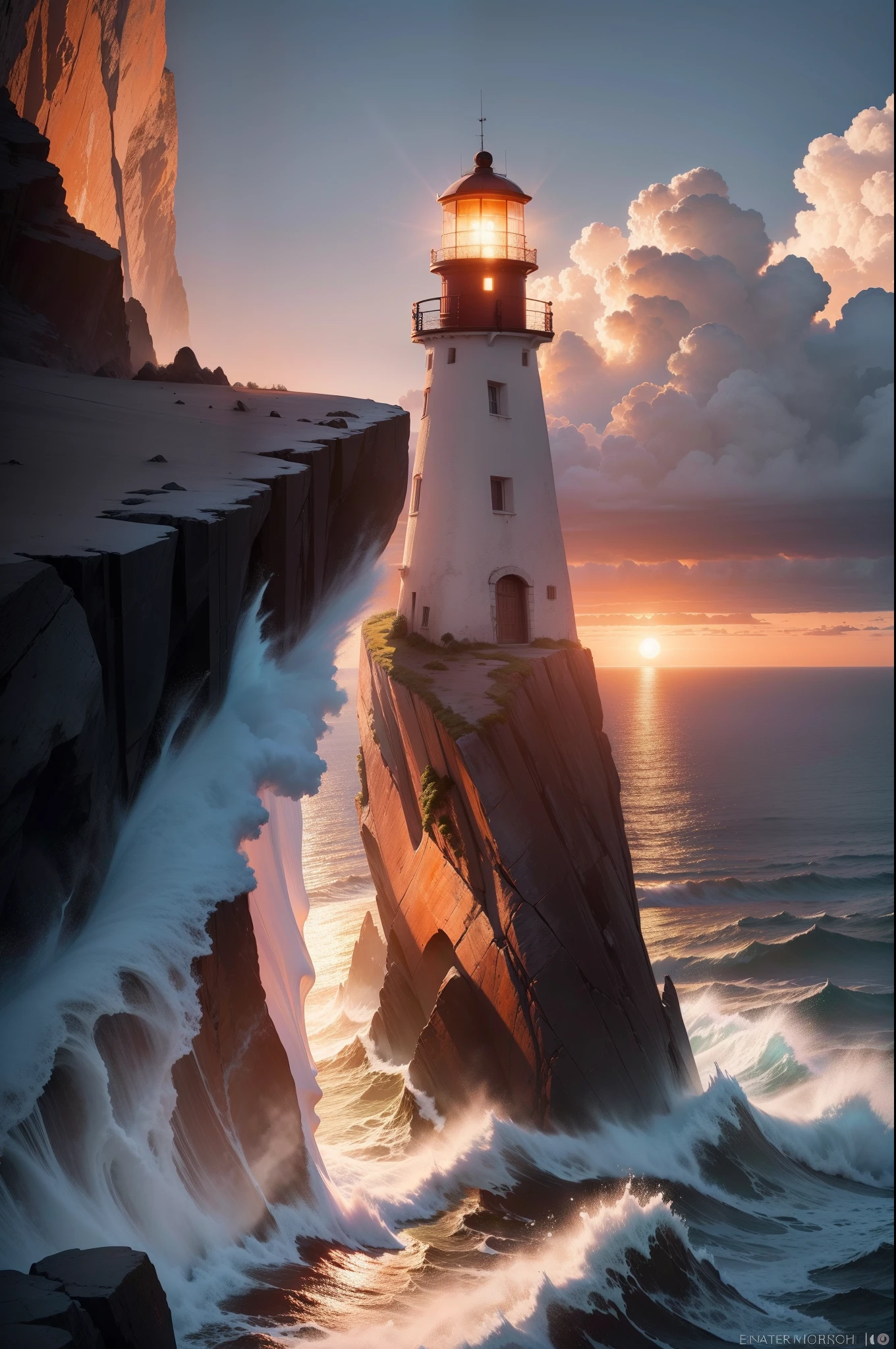 Sunset a lighthouse on steep rocks, Large blades breaking around the rock. La mer en furie, The waves are raging, a foam with wide benches forming whitish streaks. Illuminated sunset warm shades of orange, de rose et de pourpre. vents fort (102 km/h on the Beaufort scale). while majestic clouds float gently in the distance Bright colors and an agonizing atmosphere. Vue panoramique, 16K, extremly detailed, Photo RAW, HDR, high resolucion.