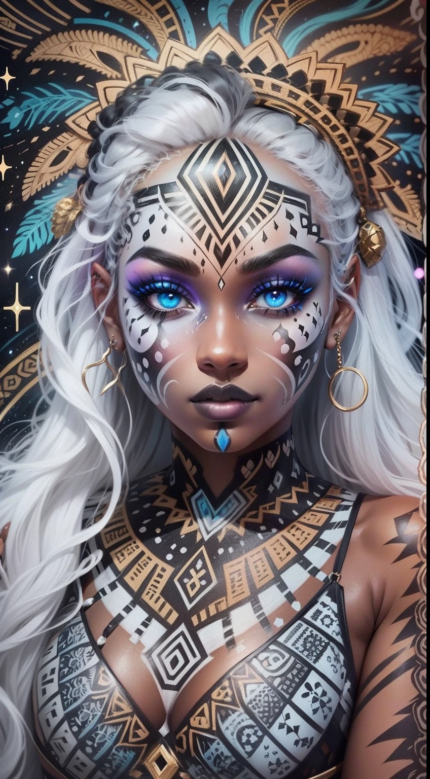 colouring book page, black and white, 32k, full body view, very beautiful tribal brown skin girl with excessive intricately detailed vivdly colorful facepaint bodypaint makeup, stunning radiant eyes, gorgeous white hair with highlights, magical night sky background