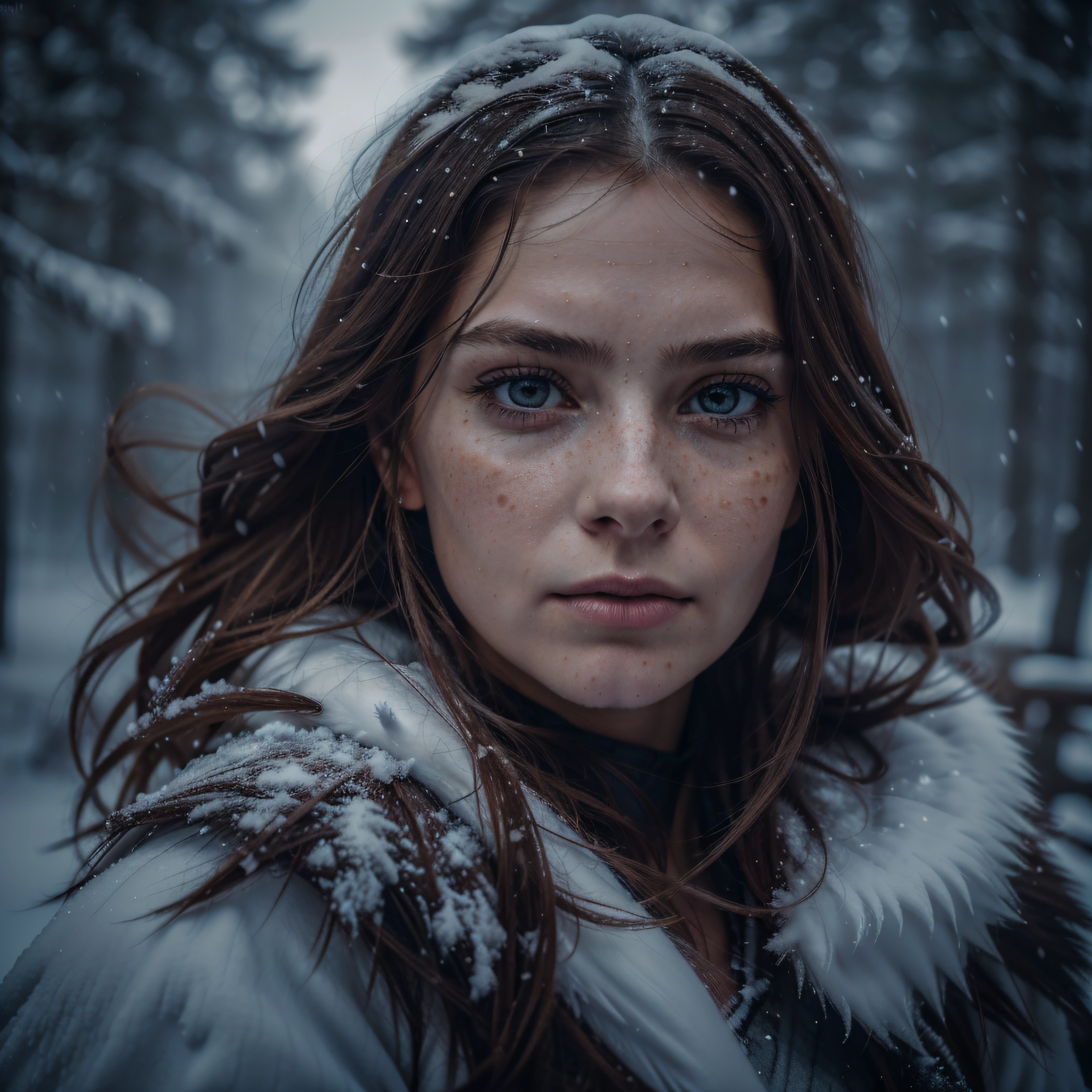 (raw photograph, masterpiece, uhd, 8k, shallow depth of field, colour graded, cold colours, low contrast, shallow black colour, narrow angle), a dynamic portrait of one female scandinavian warrior in fur armor during a blizzard, long shabby hair, (freckled skin, natural skin pores), strong facial features, foggy mountain background, torchlight on her face, snow particles fly around her, intricate clothing details, complex character, authentic facial expression evoking emotions, deep gaze, detailed eyes