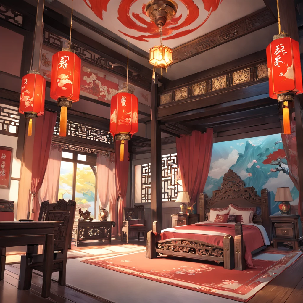 Masterpiece, Best Quality,8K,(Antique interior design) ,anime,Ancient Chinese Princess room,A large room,noble, elegant, and magnificent,bright,Cheerfulness,Antique carved door beams, carved beam paintings, tables and chairs, bonsai, vases, porcelain, trees, flowers, Chinese lighting fixtures, embroidery, screens, beds, cushions, red sand curtains,Art Deco, Romanticism, ray tracing, cinematic lighting, sparkle, panorama