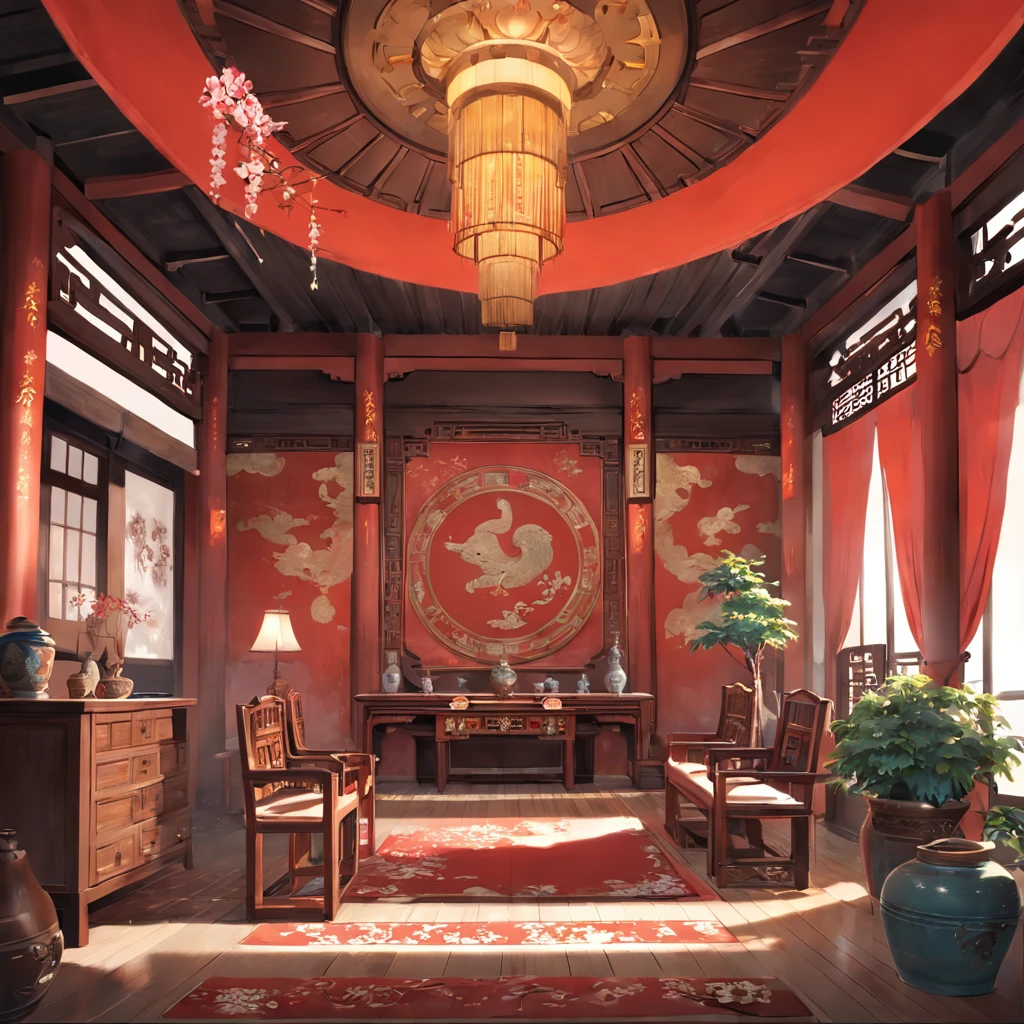 Masterpiece, Best Quality,8K,(Antique interior design) ，anime，Ancient Chinese Princess room，A large room，noble, elegant, and magnificent，bright，Cheerfulness，Antique carved door beams, carved beam paintings, tables and chairs, bonsai, vases, porcelain, trees, flowers, Chinese lighting fixtures, embroidery, screens, beds, cushions, red sand curtains，Art Deco, Romanticism, ray tracing, cinematic lighting, sparkle, panorama