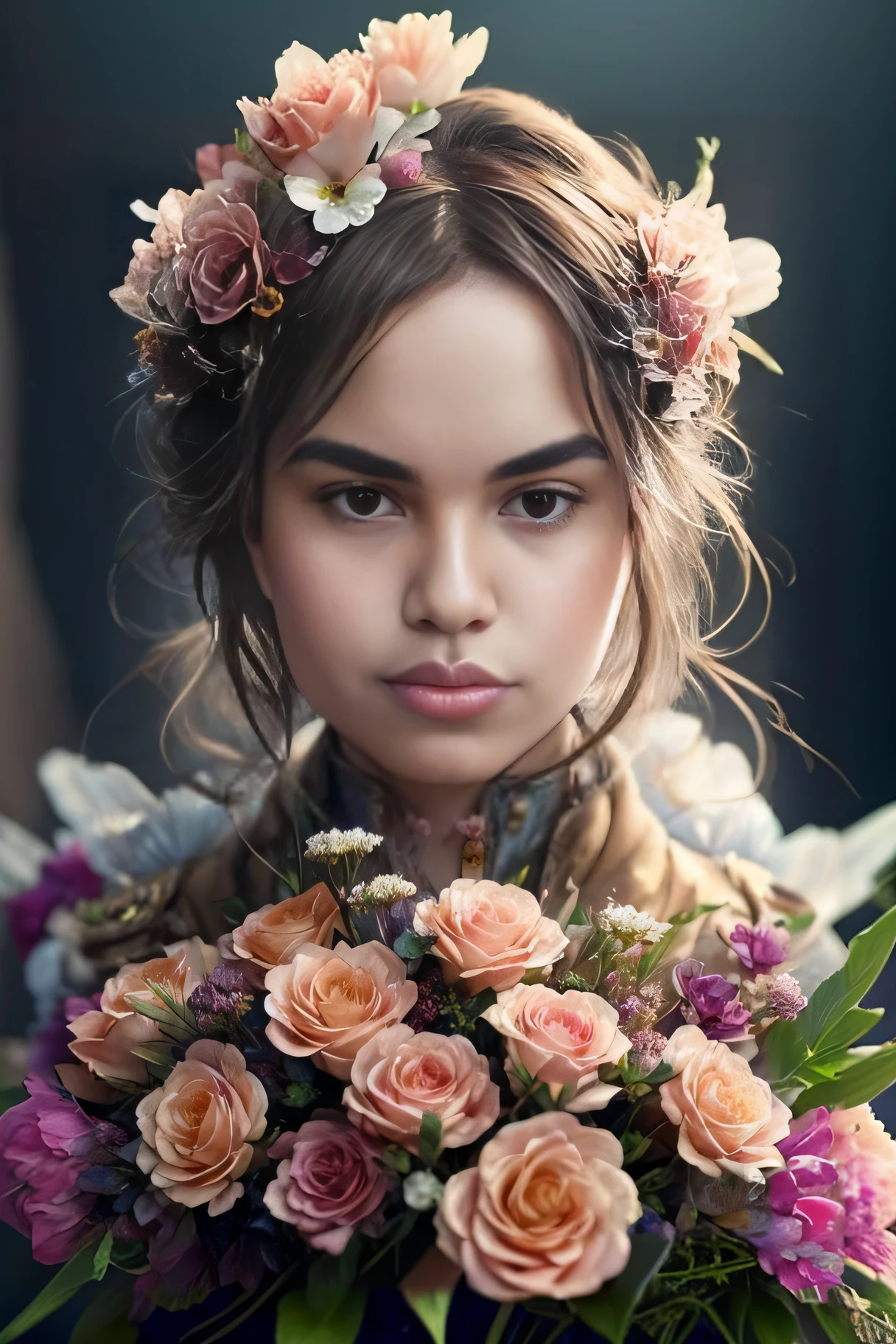 a woman with a wreath holding a bouquet of flowers, beautiful portrait, retrato muito bonito, retrato impressionante, lindo retrato, lindo retrato do rosto, karol bak uhd, retrato bonito da fantasia, imagem retrato bonita, retrato da fantasia, retrato bonito da arte da fantasia, retrato de alta qualidade, tipo cyborg menina com flores, retrato feminino com flores, foto retrato bonito, retrato do romantismo