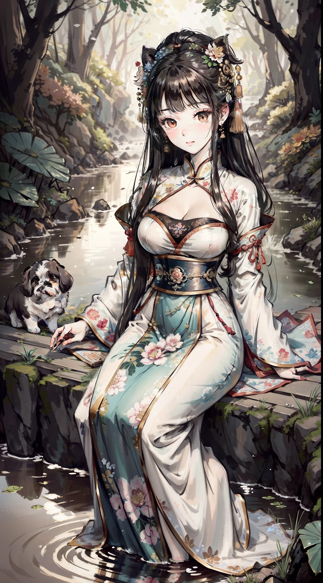 Four beauties Shih Tzu,In the late Spring and Autumn of Yue Country, a woman in a dress sits on a rock, ancient chinese beauti, ancient china art style, Palace , A girl in Hanfu, Traditional Chinese painting, Princesa chinesa antiga, zhang daqian, Traditional Chinese art, Chinese art, Wearing ancient Chinese clothes, standing gracefully upon a lotus, an ancient Chinese goddess, chinese paintings,Shih Tzu has a pair "Sunken fish",Good facial features,Flour peach blossom,She was by the river,Clear river water,Reflected,Handsome Body,big breasts beautiful, Fish in the stream,Beautiful detailed woman, very detailed eyes and faces, Beautiful detailed eyes, Incredible beauty, Huge file, ultra - detailed, A high resolution, The is very detailed,Best quality
measure,tmasterpiece,8k 壁纸,Amazing Cleavage,finely detailled,best qualtiy,The is very detailed的 CG unified 8k 壁纸,light in face,Contre-Jour,dim murky lights,cinmatic lighting,