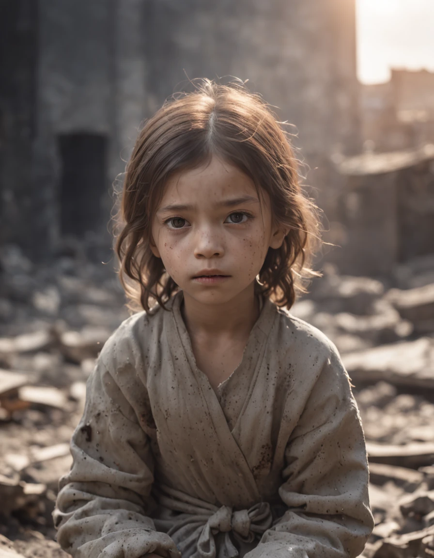 Ultra-realistic depiction of a , sitting with sorrow, agony, ((dried tears drops)), messy and curl hair, dusty face and cloth,(( a destructed city in background, fire, ((human corpse on ground)), some people are crying, destroyed building)), a butterfly sits on her forefinger, (((she is looking at the butterfly with hope and a little bit smile a sun ray lighting her face))), hyper detailed, dynamic color, black and gray shade, super emotional picture, set against a hauntingly dark backdrop and surrounded by swirling dark smoke. The image should be in a captivating 16:15 format."
trending in artstation, hiper-detalhado, Arte Digital, Motor irreal, 32k, Ultra HD |,