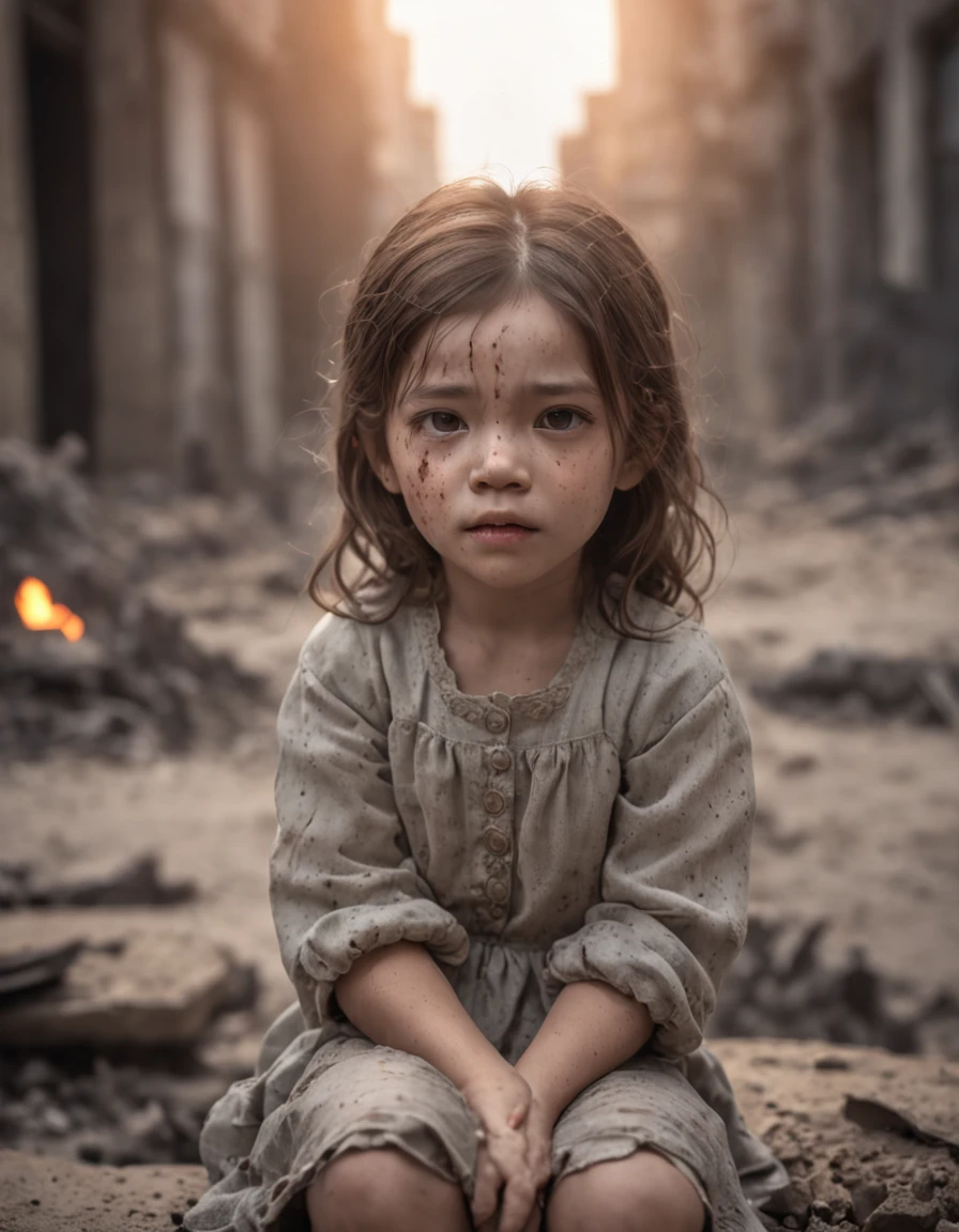 Ultra-realistic depiction of a , sitting with sorrow, agony, ((dried tears drops)), messy and curl hair, dusty face and cloth,(( a destructed city in background, fire, ((human corpse on ground)), some people are crying, destroyed building)), a butterfly sits on her forefinger, (((she is looking at the butterfly with hope and a little bit smile a sun ray lighting her face))), hyper detailed, dynamic color, black and gray shade, super emotional picture, set against a hauntingly dark backdrop and surrounded by swirling dark smoke. The image should be in a captivating 16:15 format."
 trending in artstation, hiper-detalhado, Arte Digital, Motor irreal, 32k, Ultra HD |,