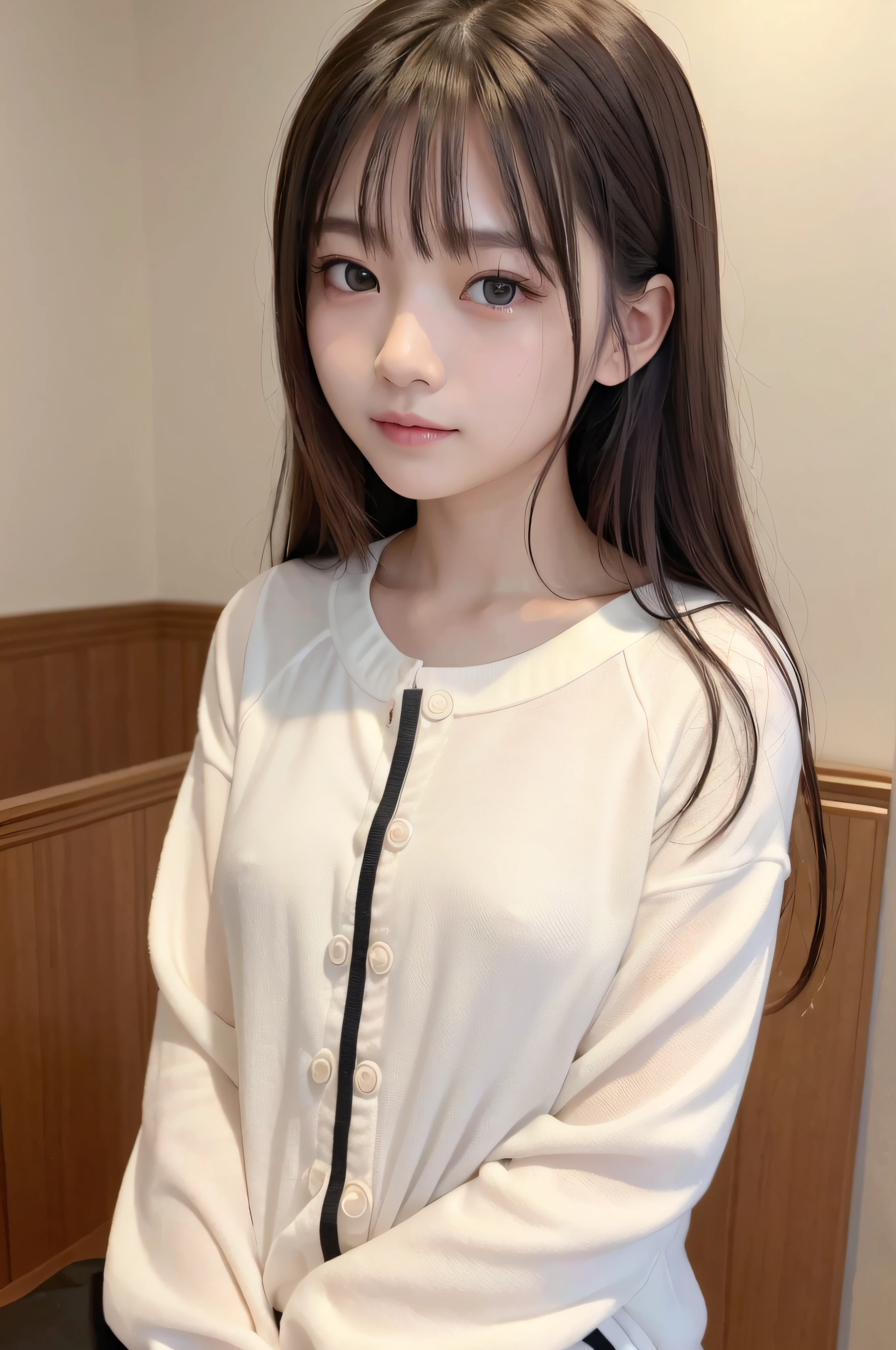 (top-quality、​masterpiece)、White background、blurry backround、1girl、a beauty girl、small tits、Shyness、red blush、超A high resolution、Beautie、cute little、独奏、A Japanese Lady。、hi-school girl、a smile。Beautiful young woman model。bright expression、photorealisim、Extraordinary beautiful girl、beautiful countenance、(pureerosface)、Glowing white shiny skin、Light brown straight hair、finer hair、Attractive beautiful brown eyes、Double eyelids、small tits、fashionGirl。Wears a white shirt。Close-up portrait。Healthy face。Skin Care Cosmetics、profetional lighting, depth of fields、model shoot tyle,